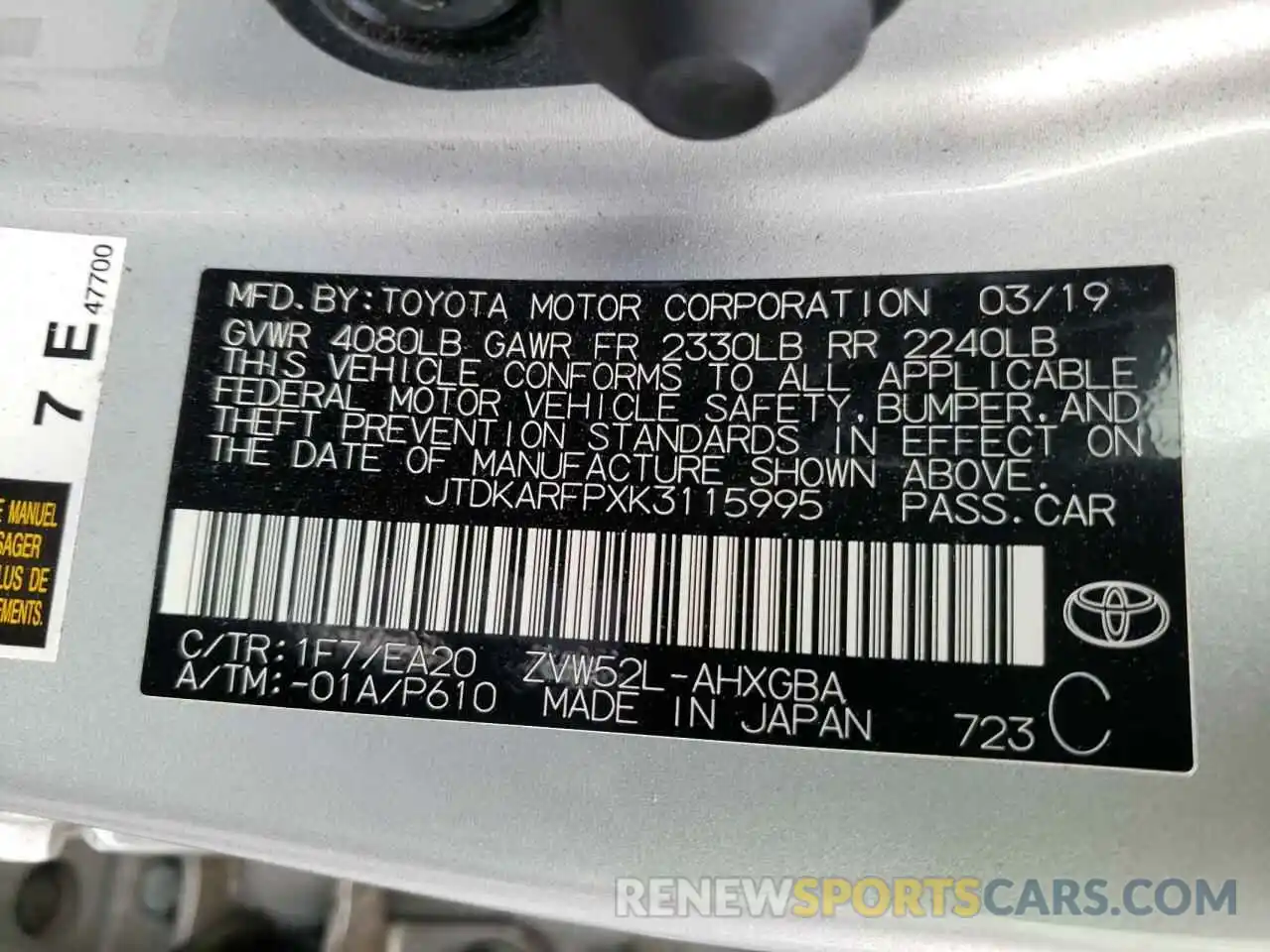 10 Фотография поврежденного автомобиля JTDKARFPXK3115995 TOYOTA PRIUS 2019