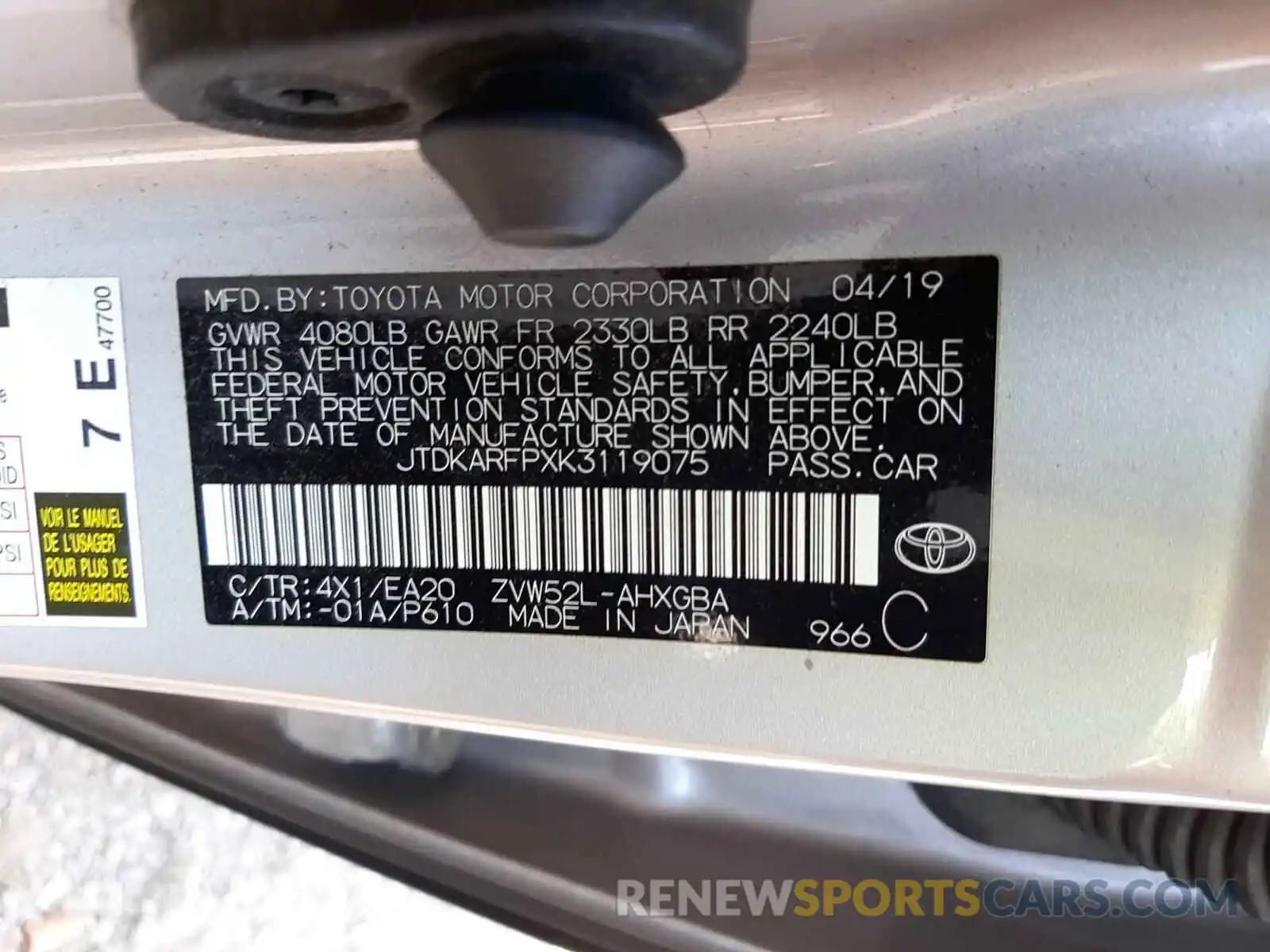 10 Photograph of a damaged car JTDKARFPXK3119075 TOYOTA PRIUS 2019