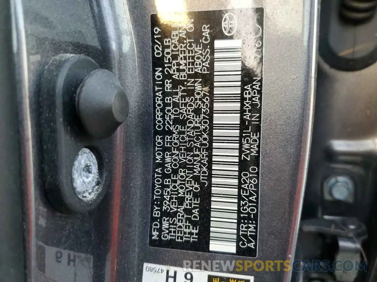 10 Photograph of a damaged car JTDKARFU0K3073567 TOYOTA PRIUS 2019