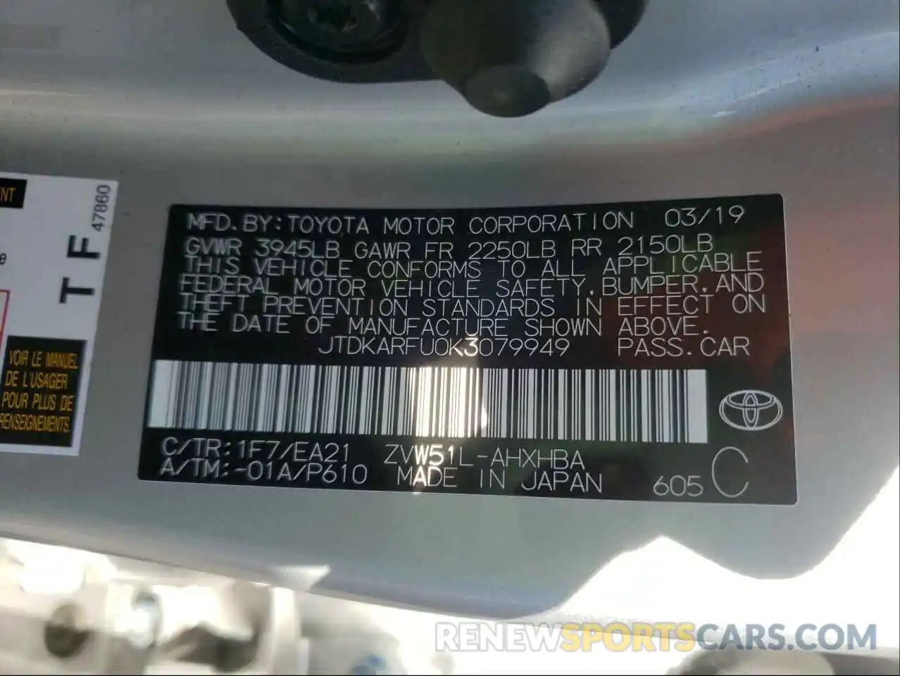 10 Photograph of a damaged car JTDKARFU0K3079949 TOYOTA PRIUS 2019