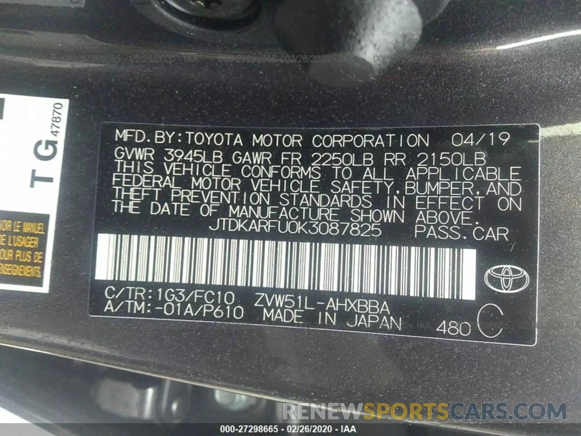 9 Photograph of a damaged car JTDKARFU0K3087825 TOYOTA PRIUS 2019