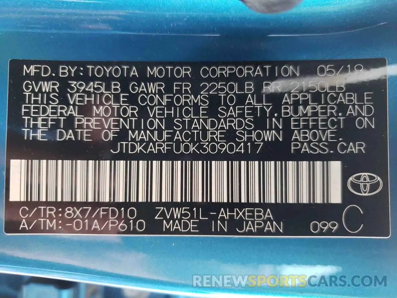 10 Photograph of a damaged car JTDKARFU0K3090417 TOYOTA PRIUS 2019