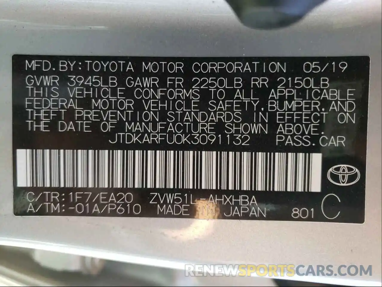 10 Photograph of a damaged car JTDKARFU0K3091132 TOYOTA PRIUS 2019