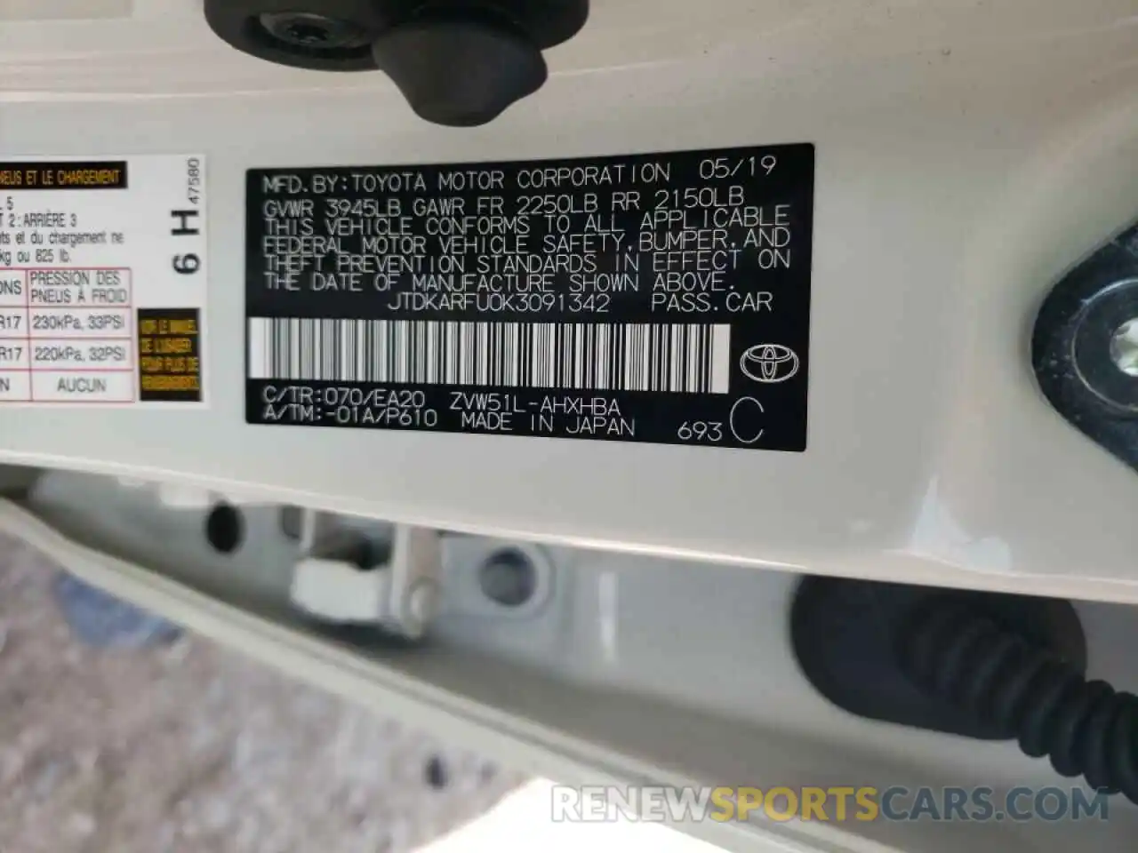 10 Photograph of a damaged car JTDKARFU0K3091342 TOYOTA PRIUS 2019