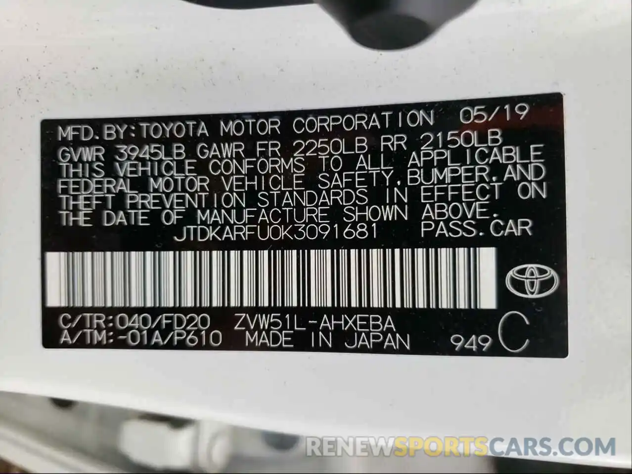 10 Photograph of a damaged car JTDKARFU0K3091681 TOYOTA PRIUS 2019