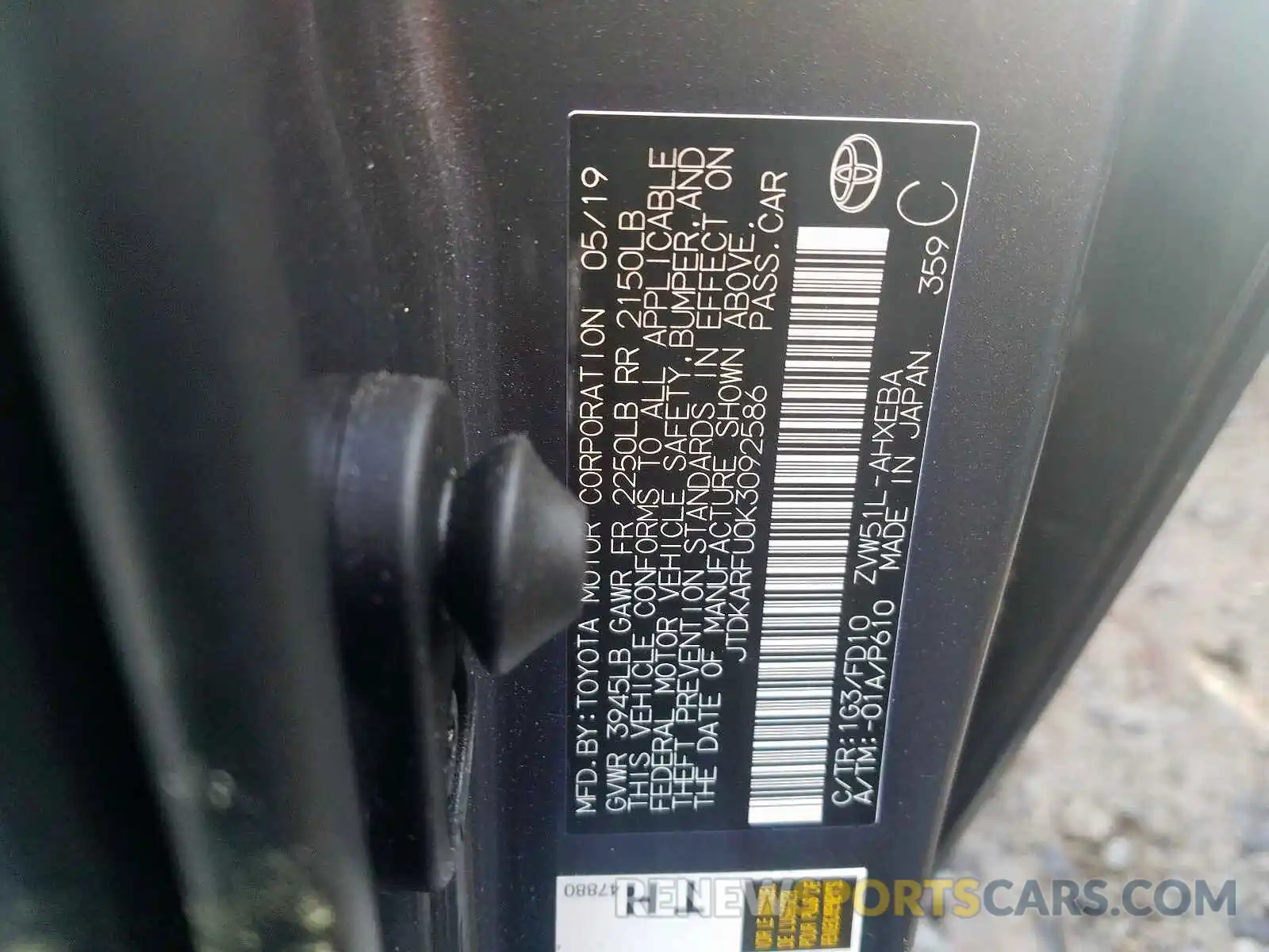 10 Photograph of a damaged car JTDKARFU0K3092586 TOYOTA PRIUS 2019