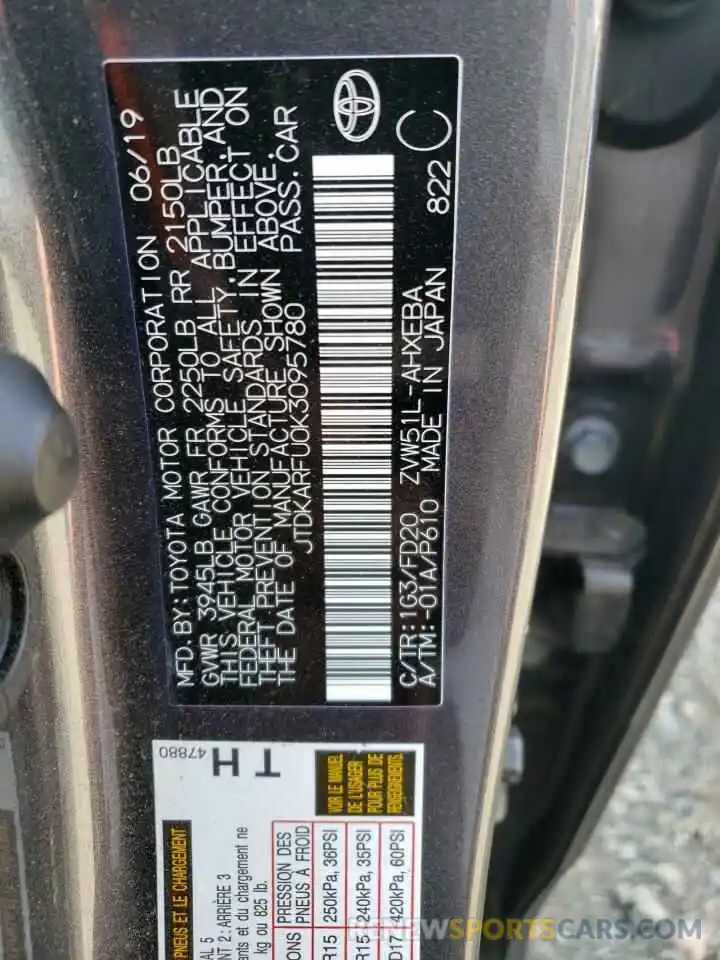 12 Photograph of a damaged car JTDKARFU0K3095780 TOYOTA PRIUS 2019