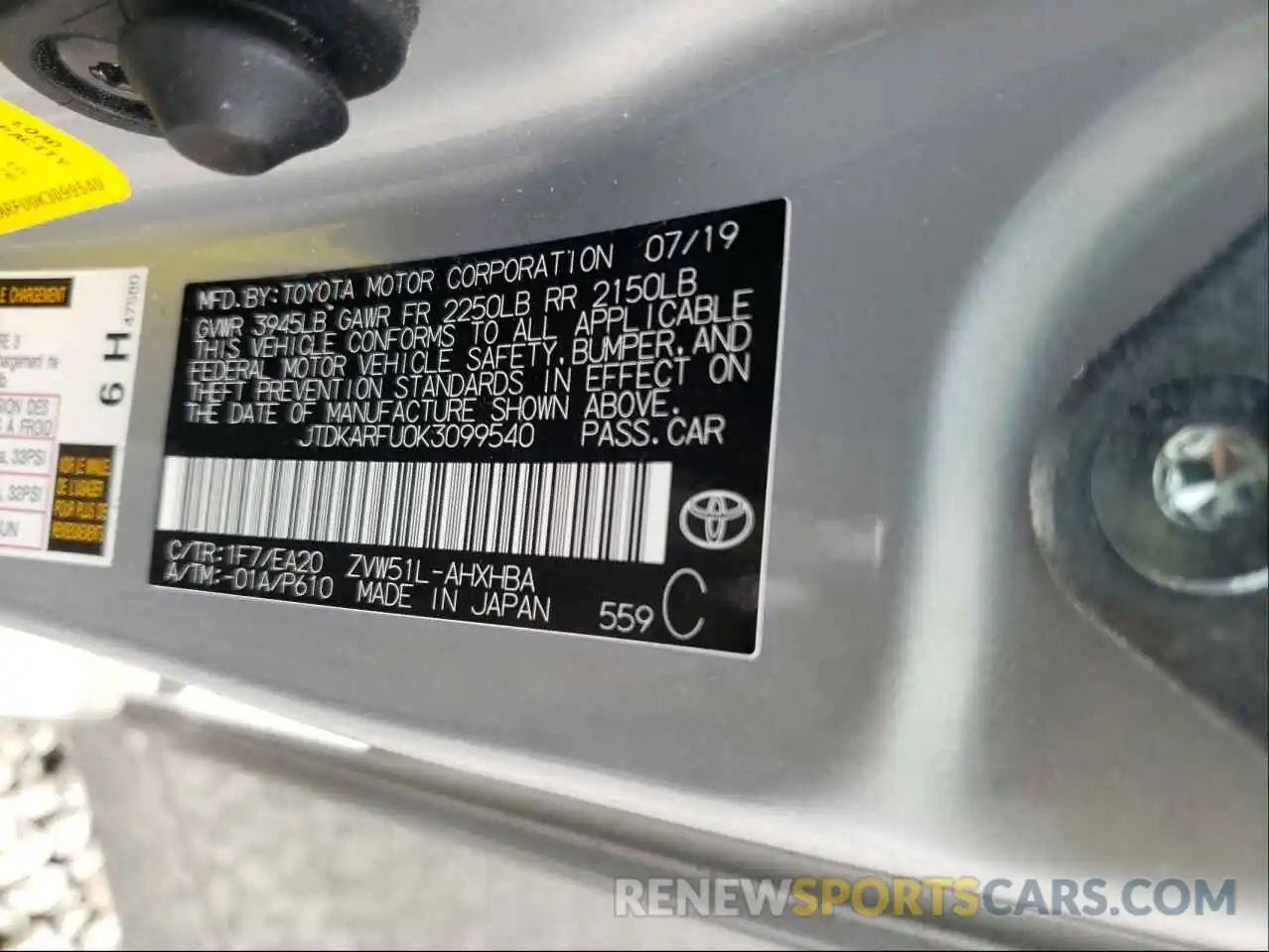 10 Photograph of a damaged car JTDKARFU0K3099540 TOYOTA PRIUS 2019