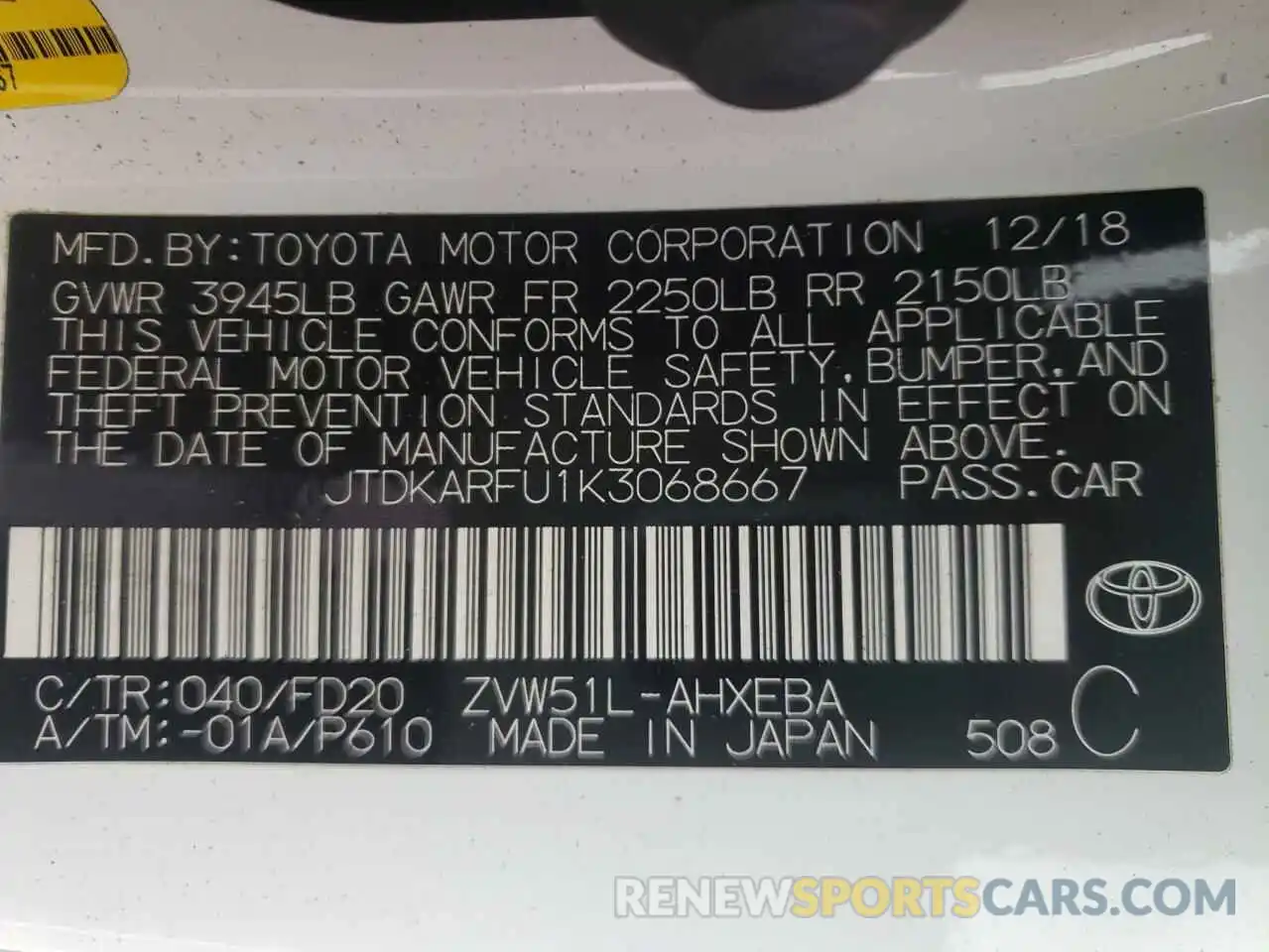 10 Photograph of a damaged car JTDKARFU1K3068667 TOYOTA PRIUS 2019