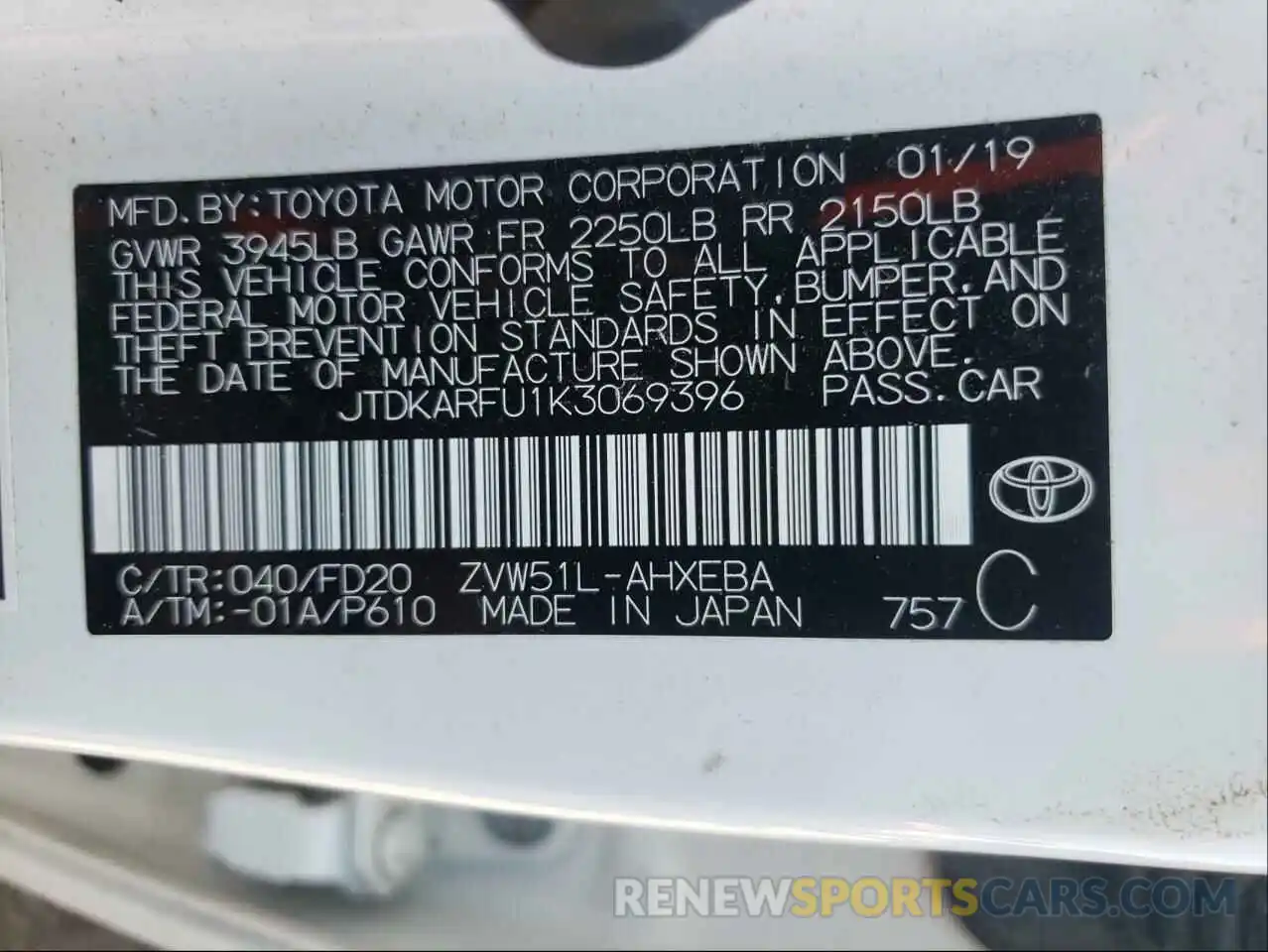 10 Photograph of a damaged car JTDKARFU1K3069396 TOYOTA PRIUS 2019