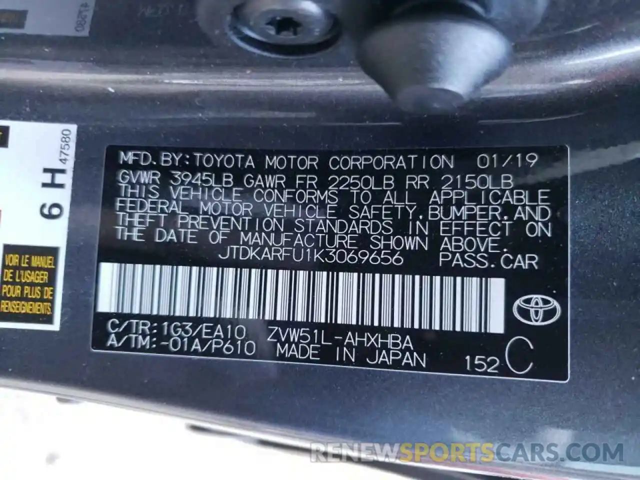 10 Photograph of a damaged car JTDKARFU1K3069656 TOYOTA PRIUS 2019