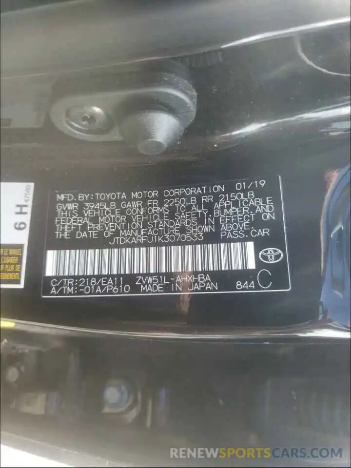 10 Photograph of a damaged car JTDKARFU1K3070533 TOYOTA PRIUS 2019