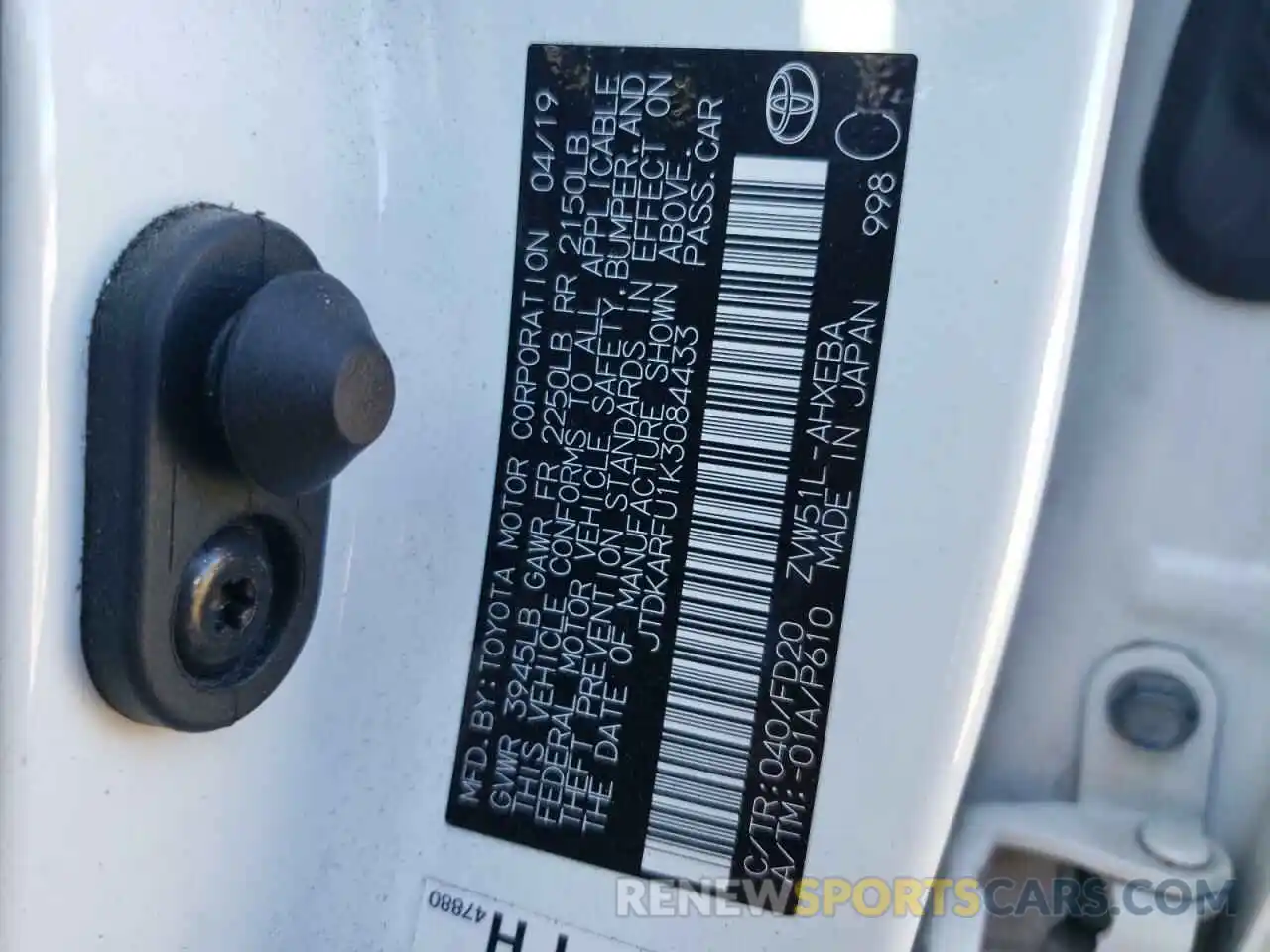 10 Photograph of a damaged car JTDKARFU1K3084433 TOYOTA PRIUS 2019