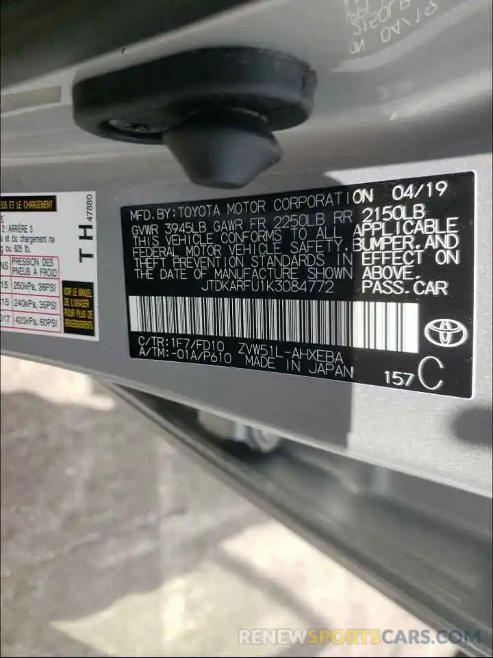 10 Photograph of a damaged car JTDKARFU1K3084772 TOYOTA PRIUS 2019