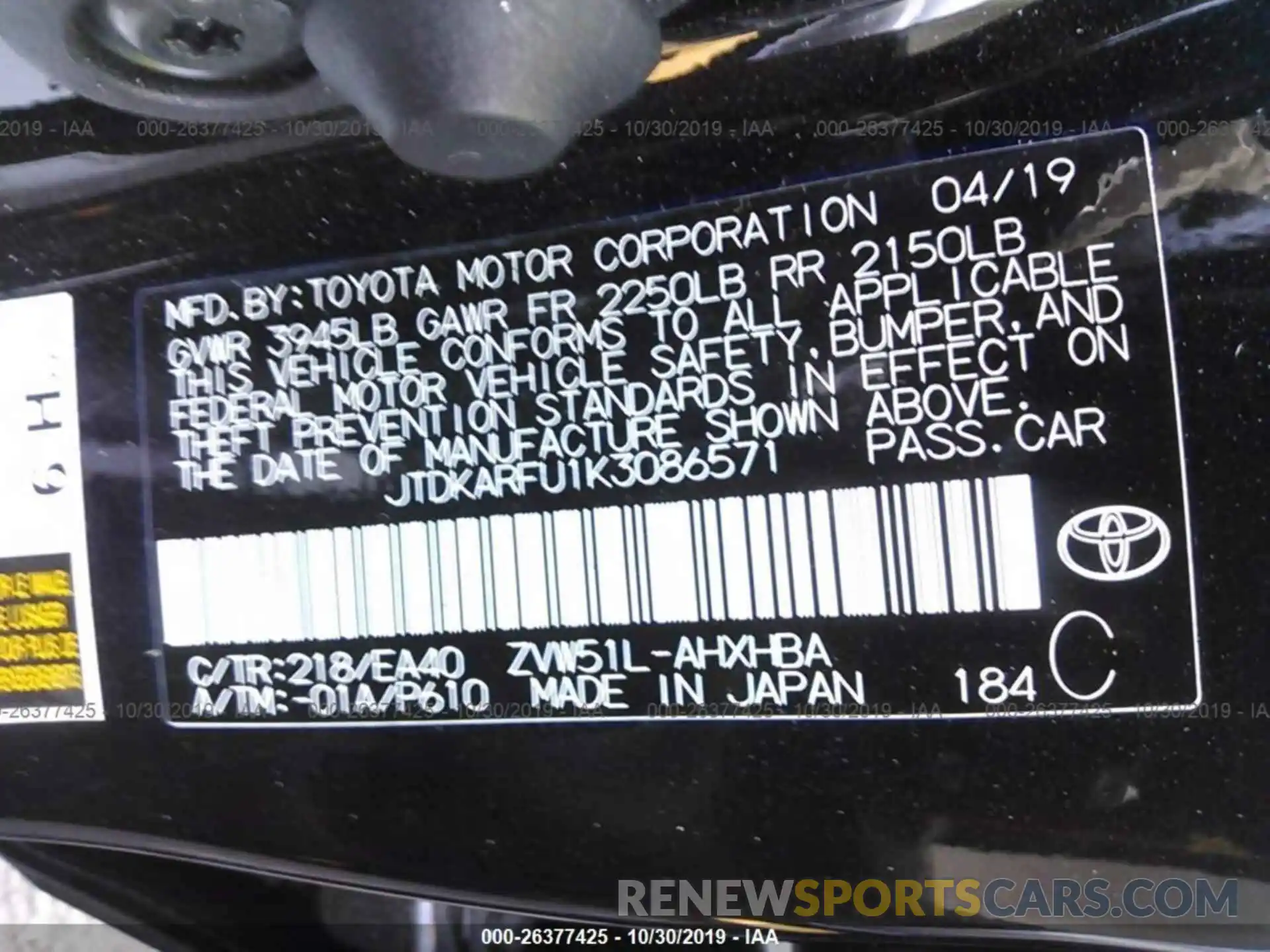 9 Photograph of a damaged car JTDKARFU1K3086571 TOYOTA PRIUS 2019