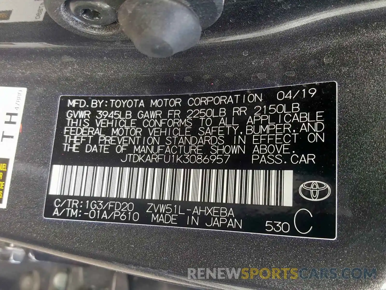 10 Photograph of a damaged car JTDKARFU1K3086957 TOYOTA PRIUS 2019