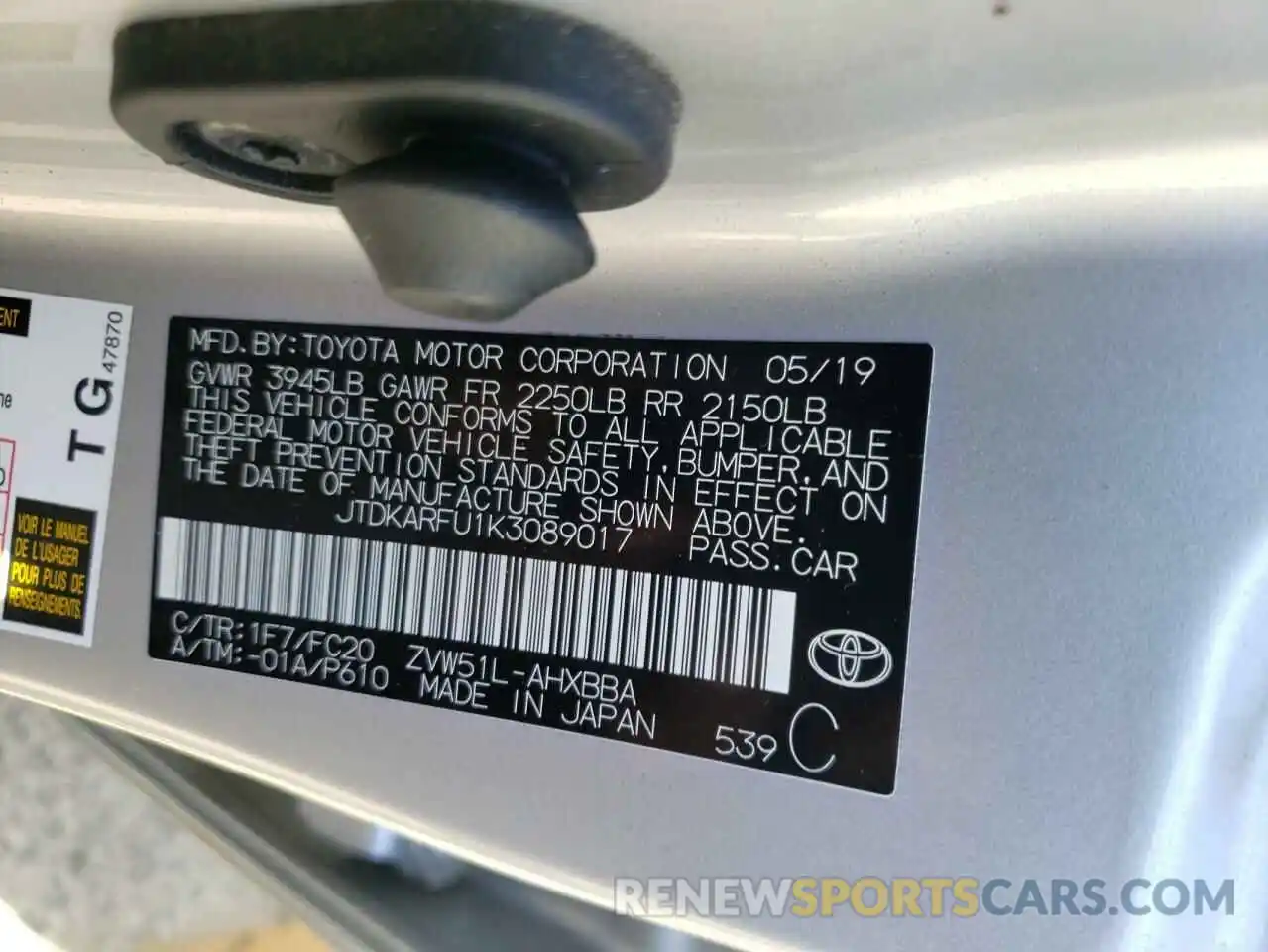 10 Photograph of a damaged car JTDKARFU1K3089017 TOYOTA PRIUS 2019