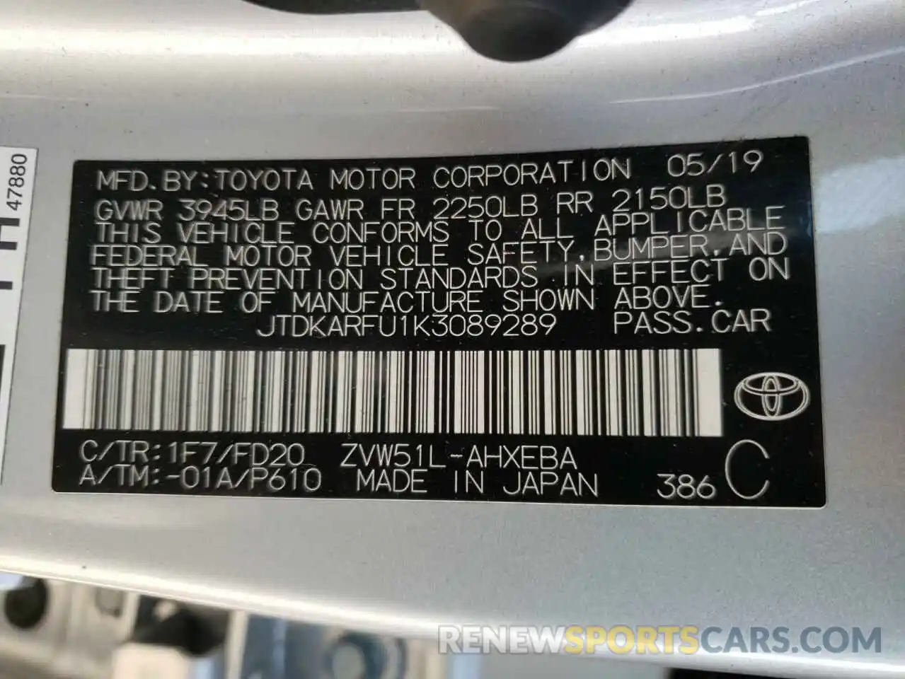 10 Photograph of a damaged car JTDKARFU1K3089289 TOYOTA PRIUS 2019