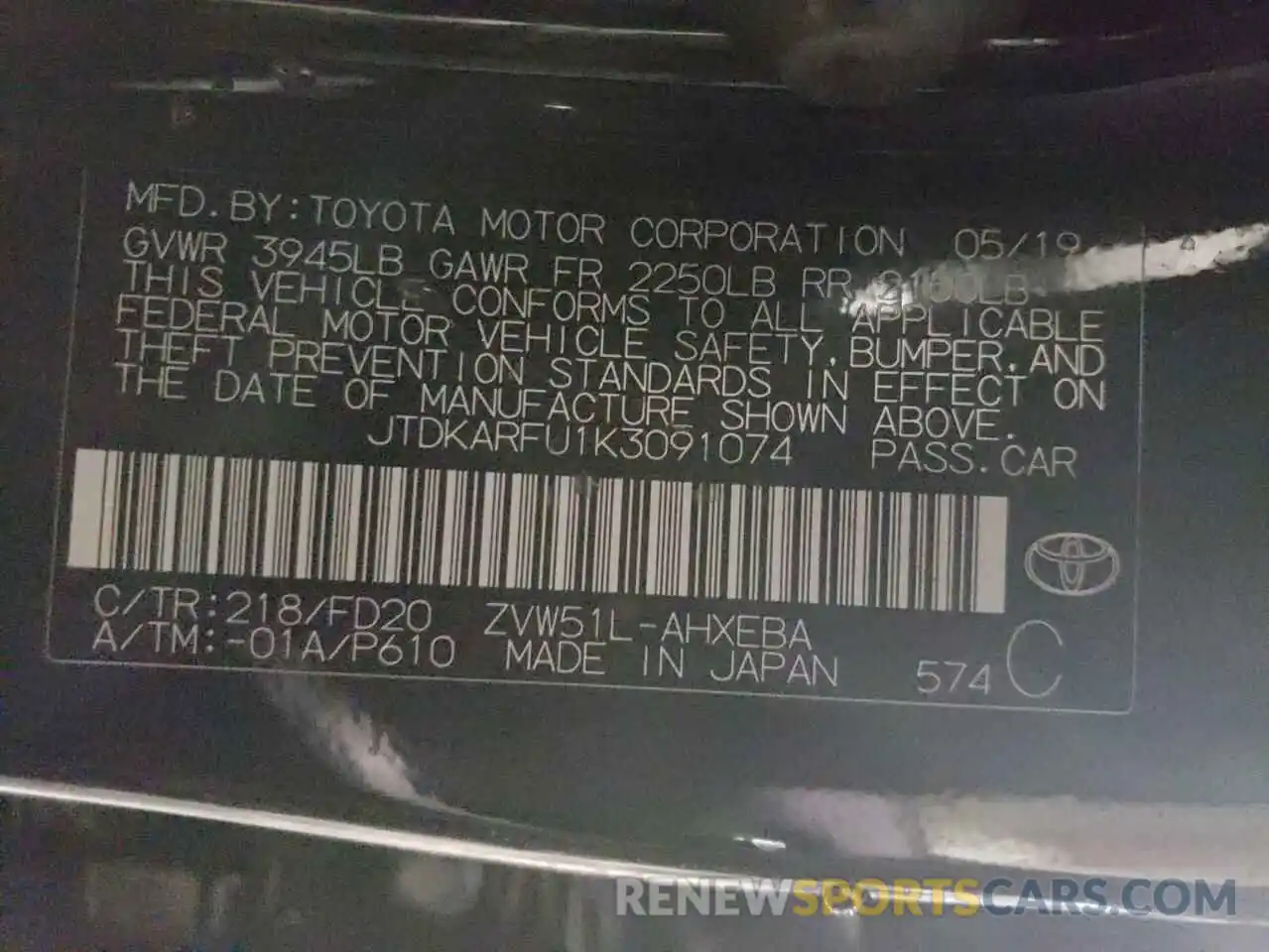 10 Photograph of a damaged car JTDKARFU1K3091074 TOYOTA PRIUS 2019