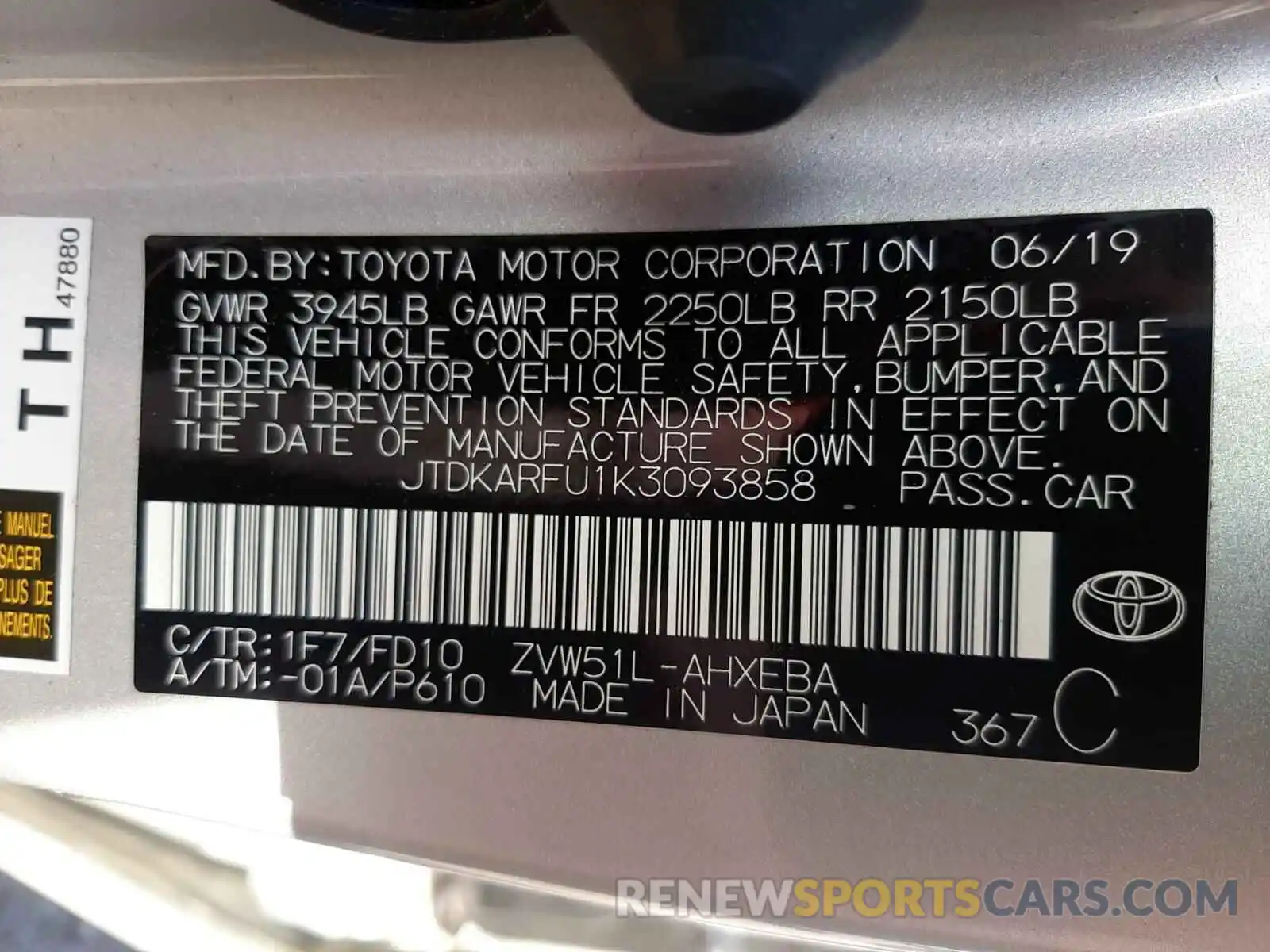 10 Photograph of a damaged car JTDKARFU1K3093858 TOYOTA PRIUS 2019