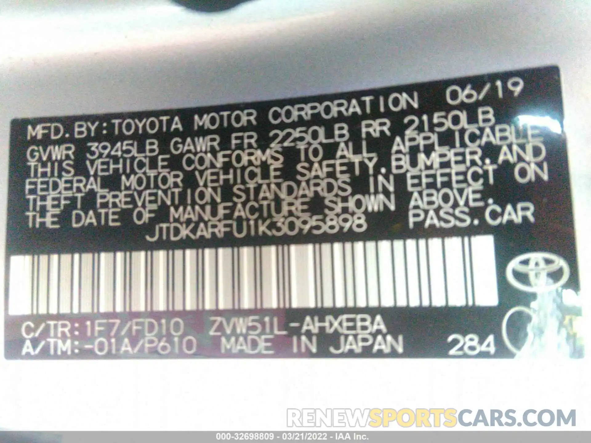 9 Photograph of a damaged car JTDKARFU1K3095898 TOYOTA PRIUS 2019