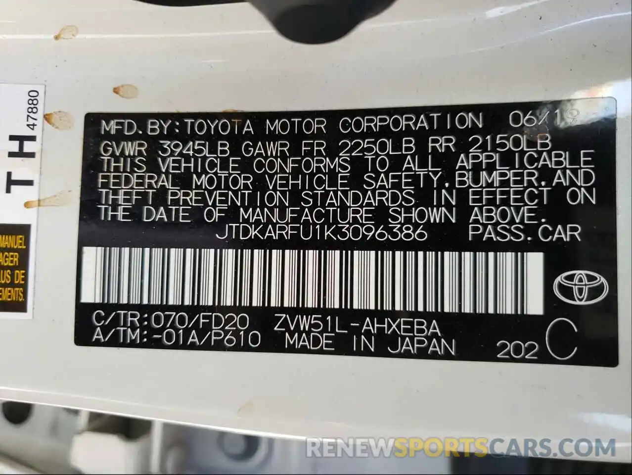 10 Photograph of a damaged car JTDKARFU1K3096386 TOYOTA PRIUS 2019