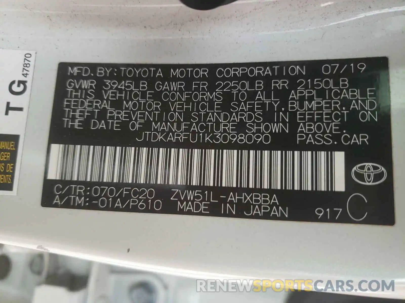 10 Photograph of a damaged car JTDKARFU1K3098090 TOYOTA PRIUS 2019