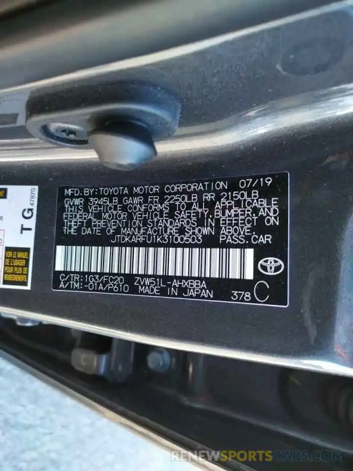 10 Photograph of a damaged car JTDKARFU1K3100503 TOYOTA PRIUS 2019