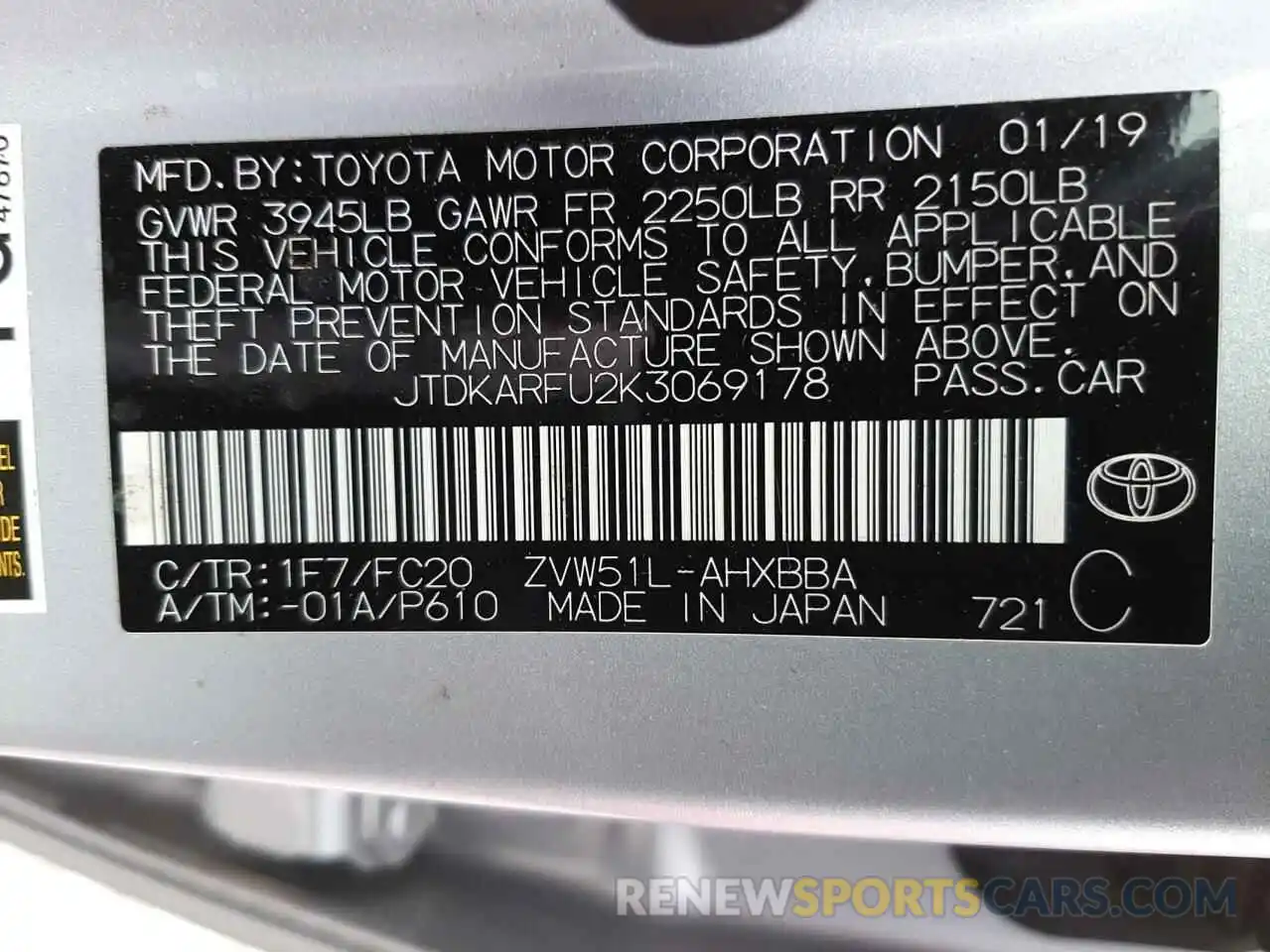 10 Photograph of a damaged car JTDKARFU2K3069178 TOYOTA PRIUS 2019