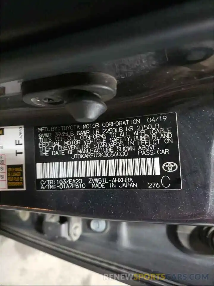 10 Photograph of a damaged car JTDKARFU2K3086000 TOYOTA PRIUS 2019