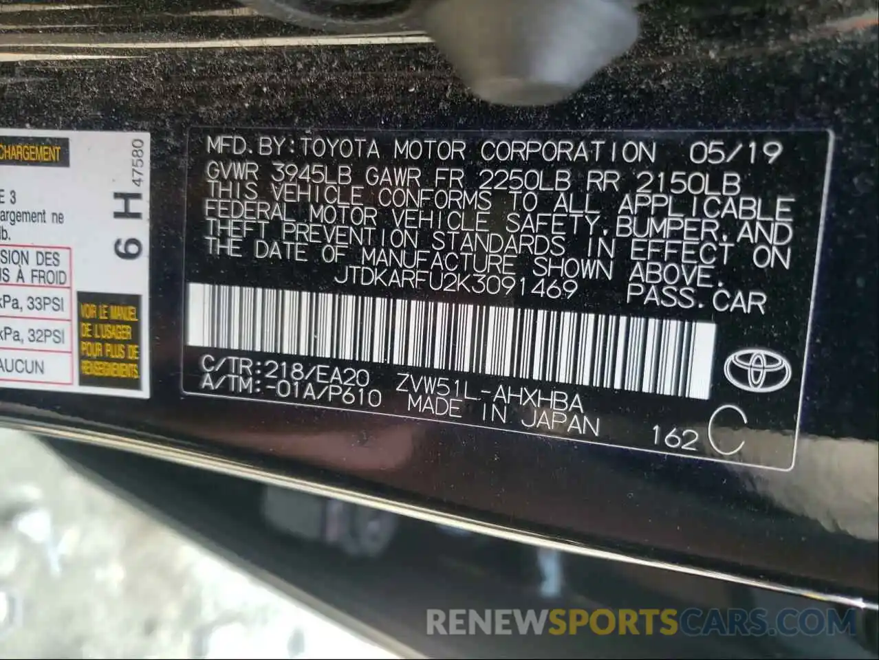 10 Photograph of a damaged car JTDKARFU2K3091469 TOYOTA PRIUS 2019