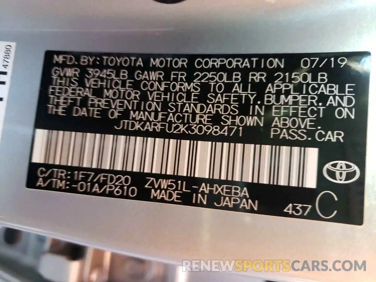 10 Photograph of a damaged car JTDKARFU2K3098471 TOYOTA PRIUS 2019