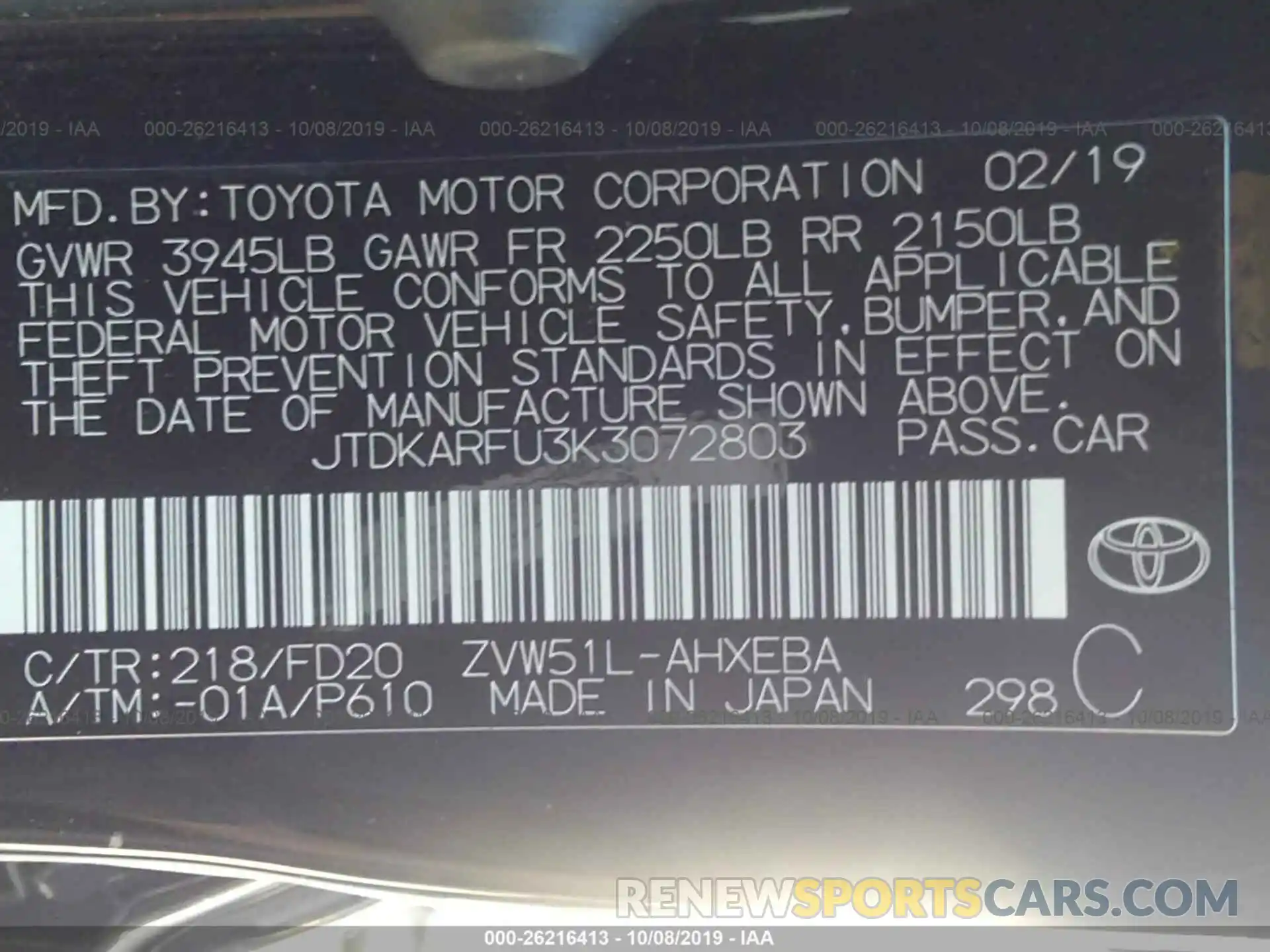 9 Photograph of a damaged car JTDKARFU3K3072803 TOYOTA PRIUS 2019