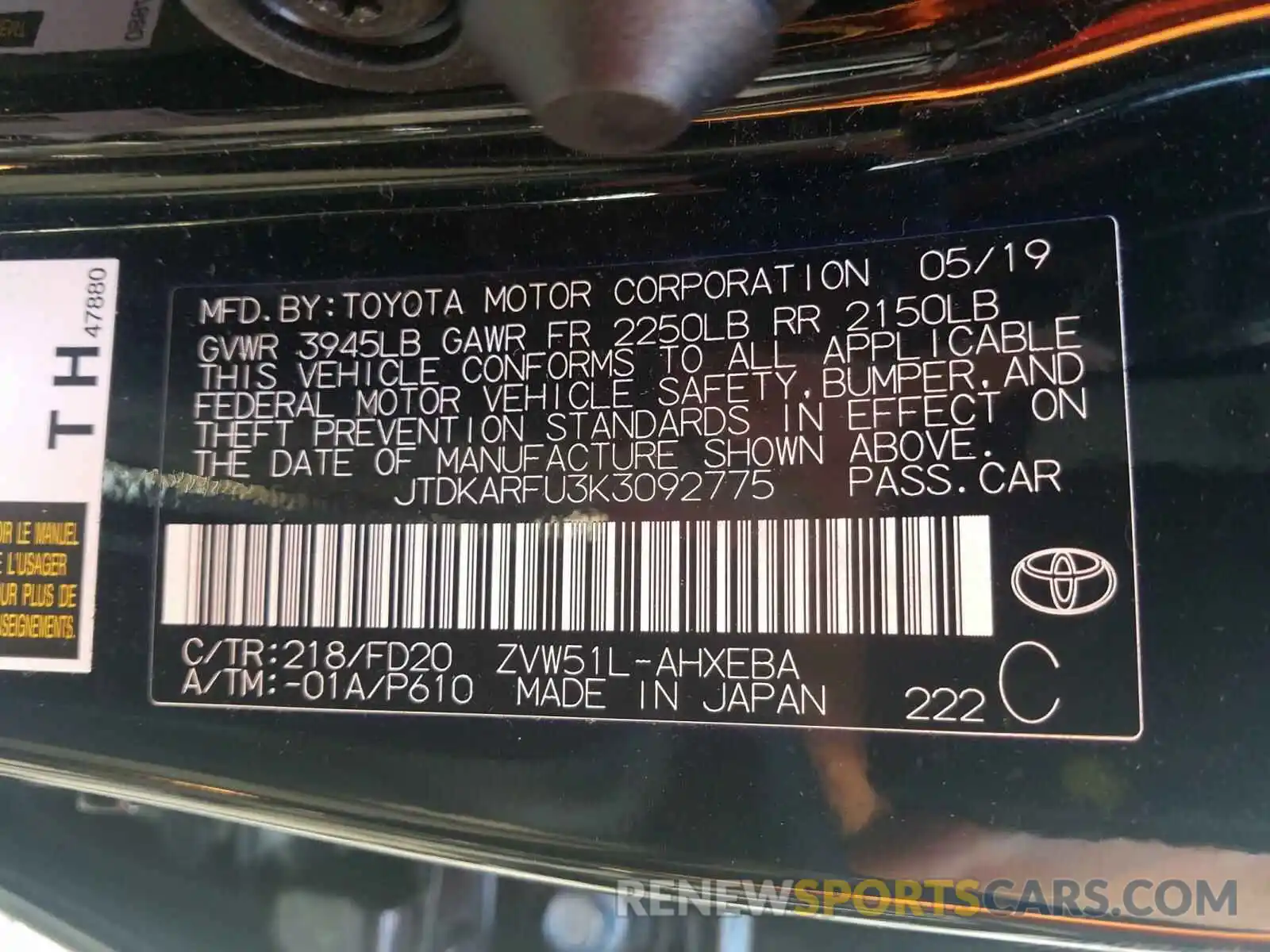 10 Photograph of a damaged car JTDKARFU3K3092775 TOYOTA PRIUS 2019