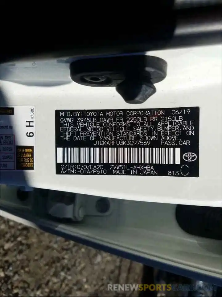 10 Photograph of a damaged car JTDKARFU3K3097569 TOYOTA PRIUS 2019