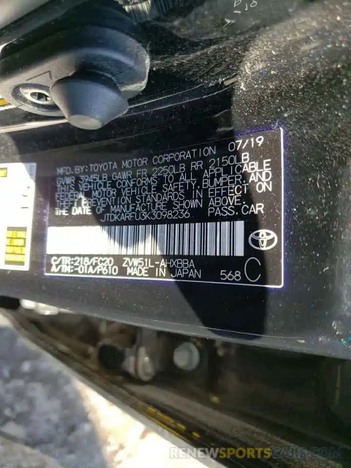 10 Photograph of a damaged car JTDKARFU3K3098236 TOYOTA PRIUS 2019