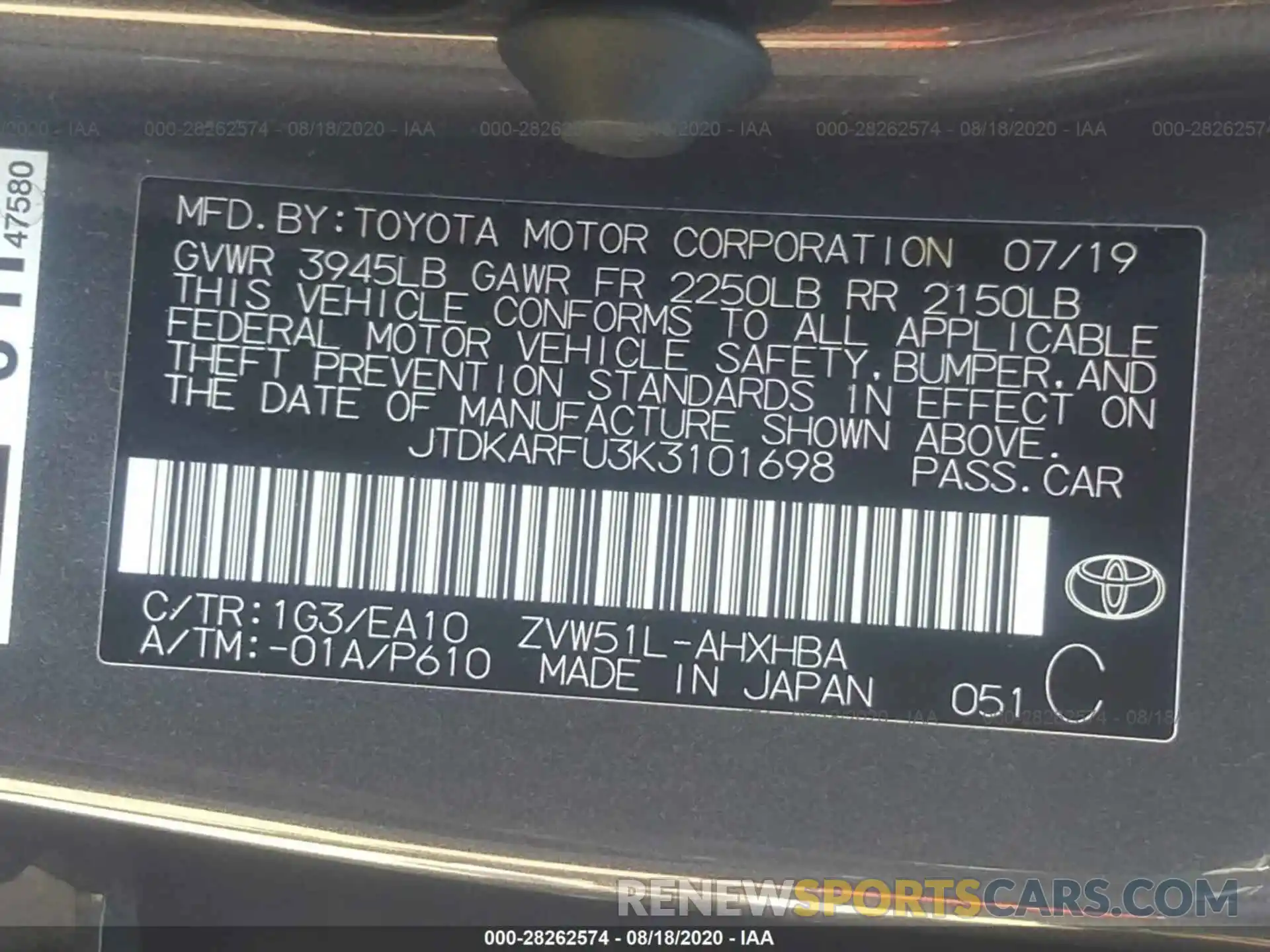 9 Photograph of a damaged car JTDKARFU3K3101698 TOYOTA PRIUS 2019