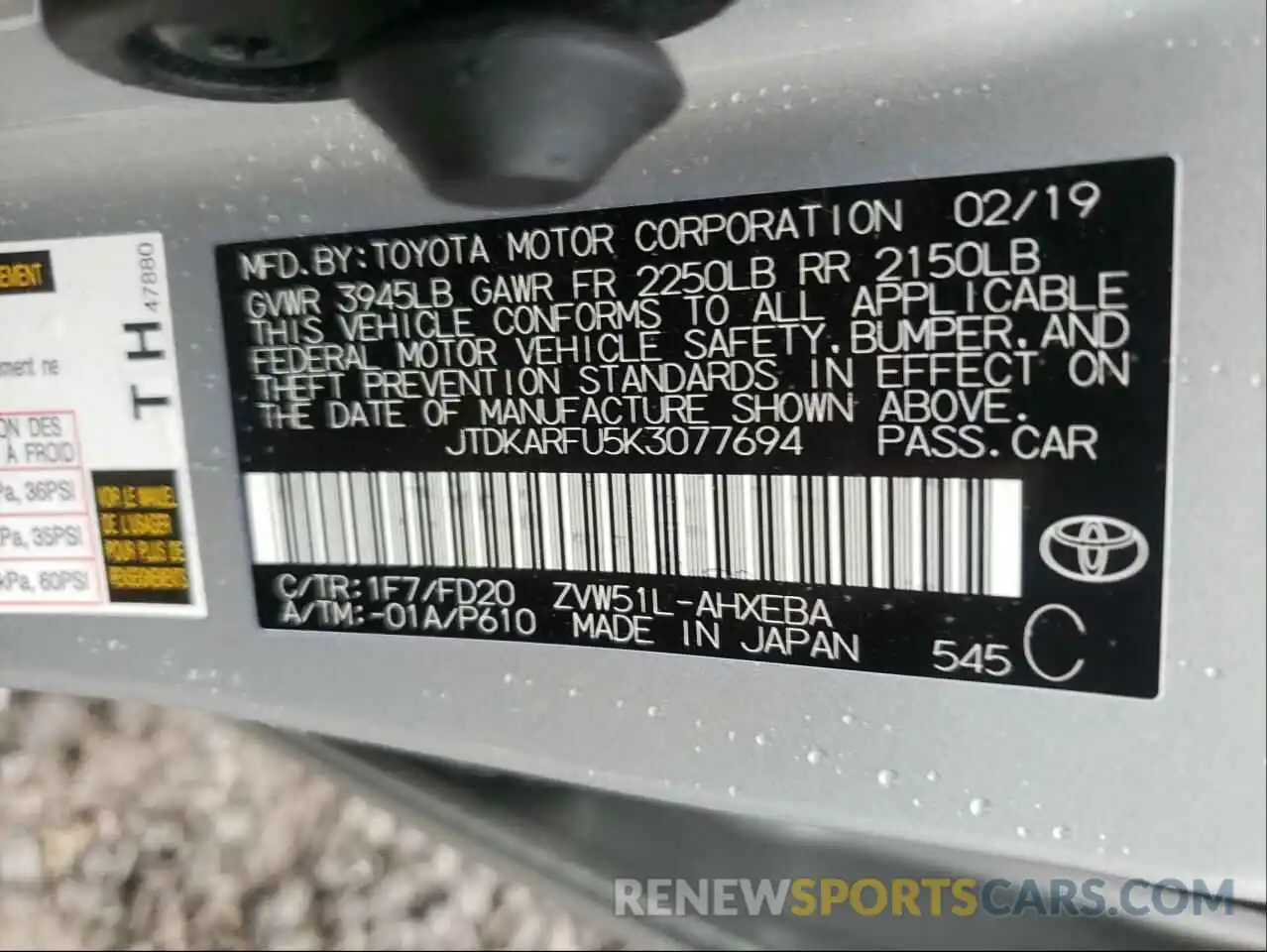 10 Photograph of a damaged car JTDKARFU5K3077694 TOYOTA PRIUS 2019