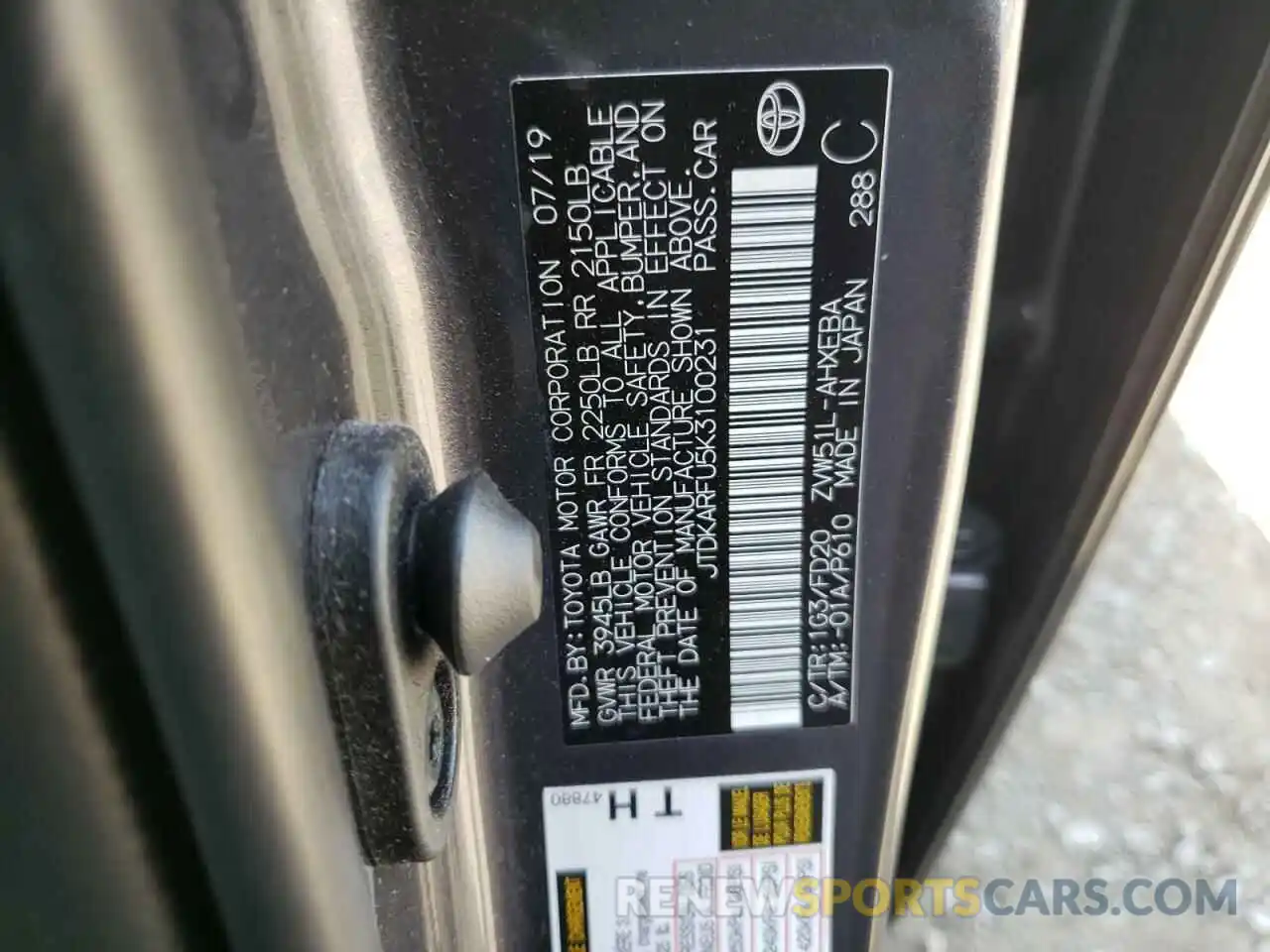 10 Photograph of a damaged car JTDKARFU5K3100231 TOYOTA PRIUS 2019