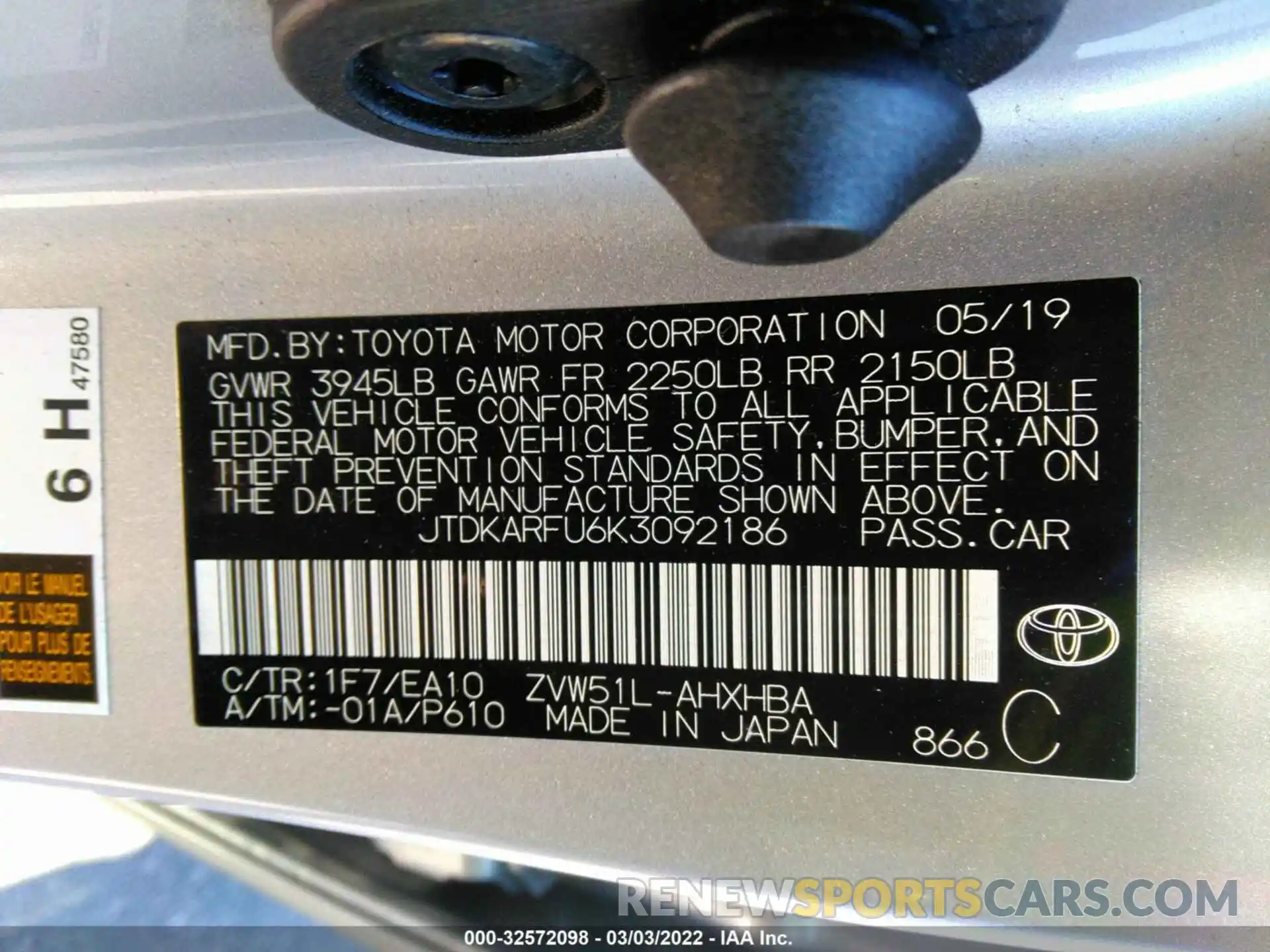 9 Фотография поврежденного автомобиля JTDKARFU6K3092186 TOYOTA PRIUS 2019