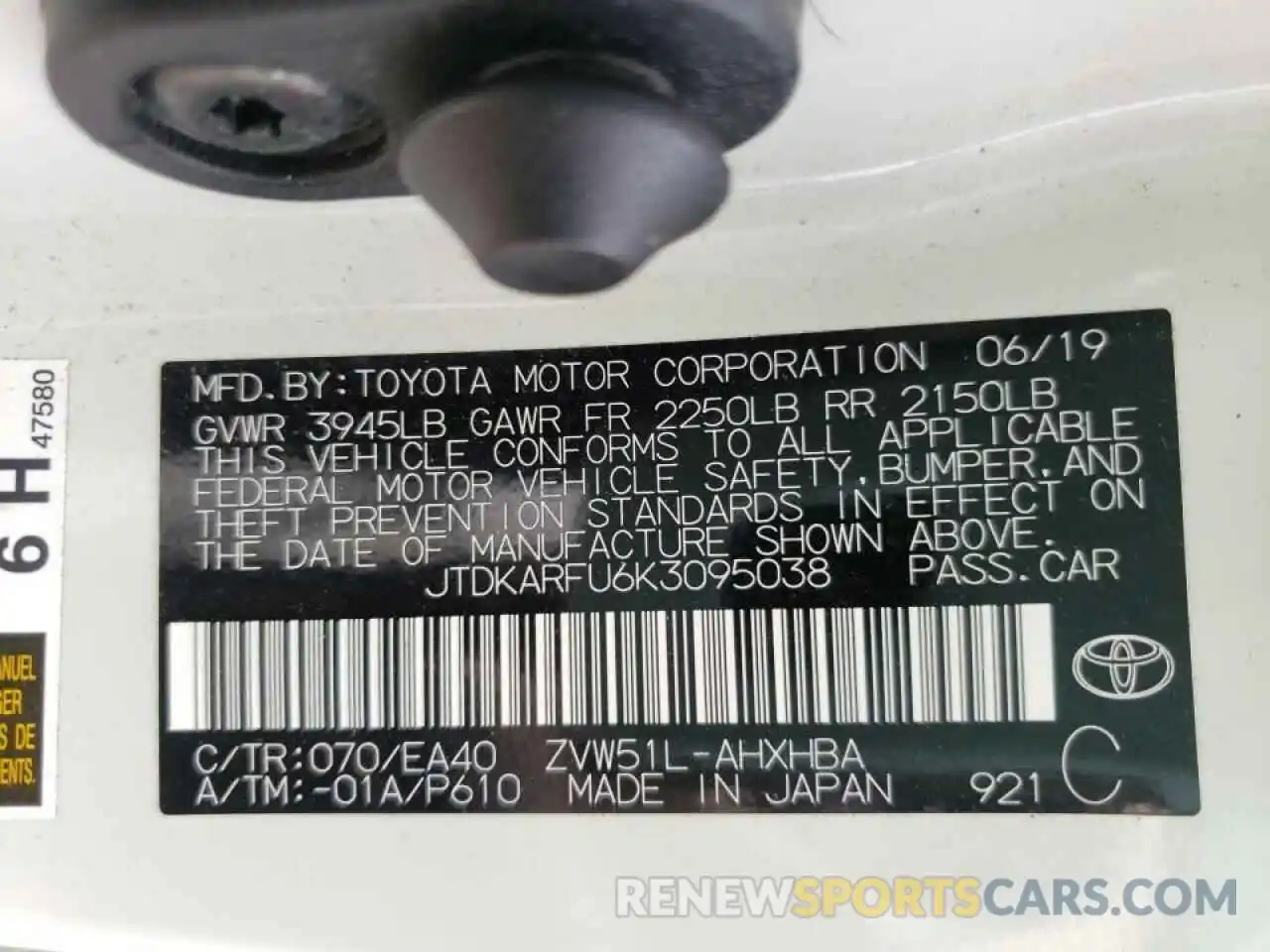 10 Photograph of a damaged car JTDKARFU6K3095038 TOYOTA PRIUS 2019