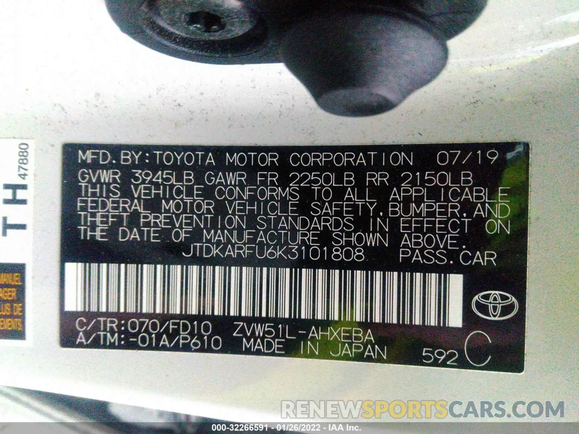 9 Photograph of a damaged car JTDKARFU6K3101808 TOYOTA PRIUS 2019