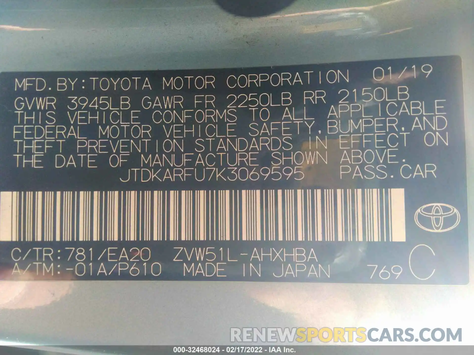 9 Photograph of a damaged car JTDKARFU7K3069595 TOYOTA PRIUS 2019