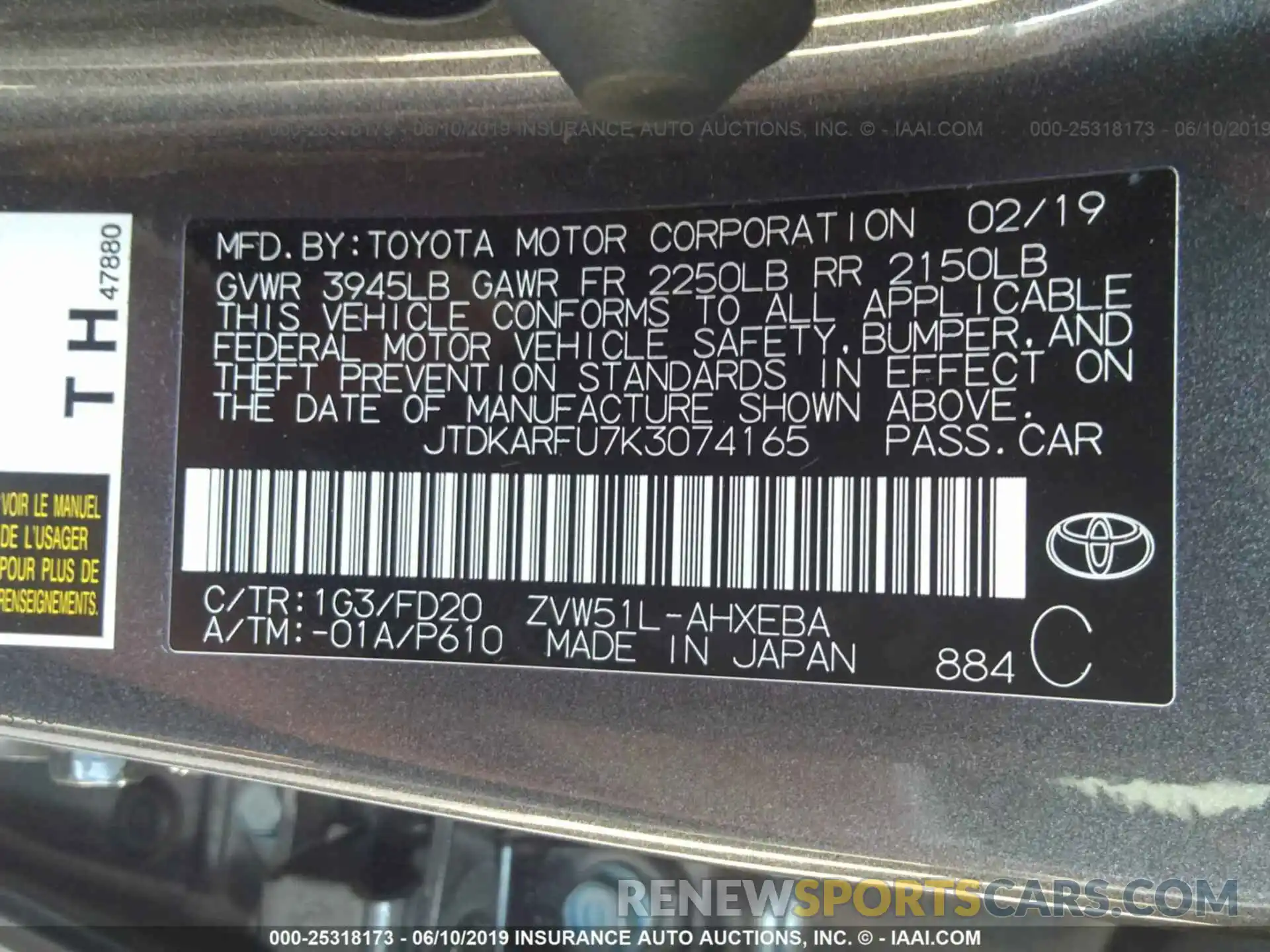 9 Photograph of a damaged car JTDKARFU7K3074165 TOYOTA PRIUS 2019