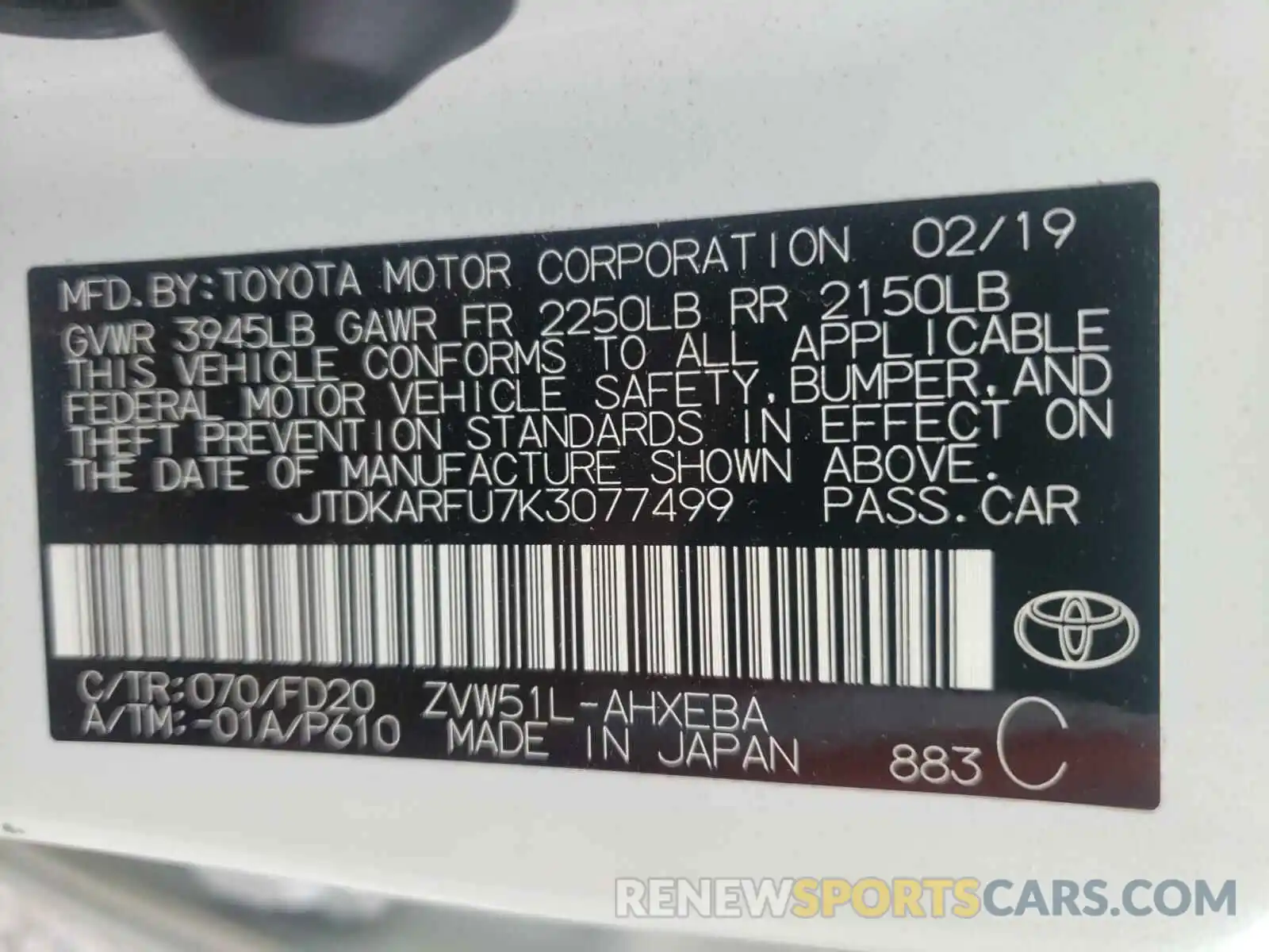 10 Photograph of a damaged car JTDKARFU7K3077499 TOYOTA PRIUS 2019