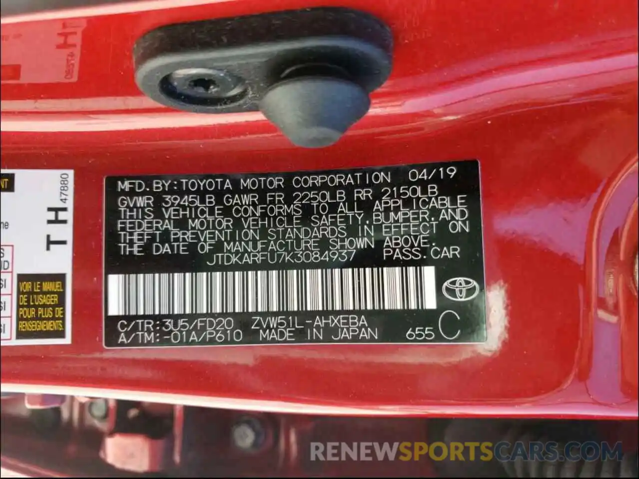 10 Photograph of a damaged car JTDKARFU7K3084937 TOYOTA PRIUS 2019