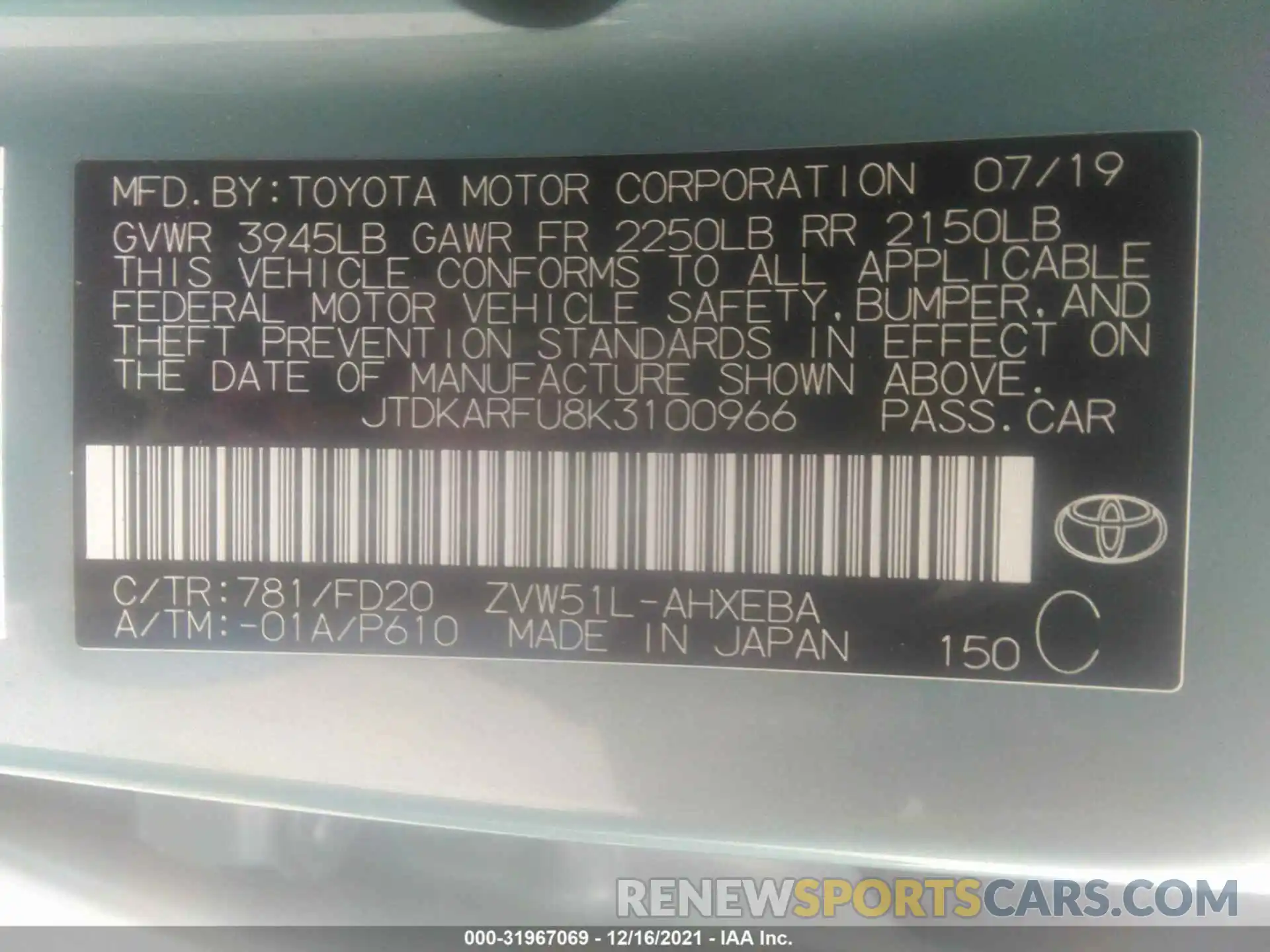 9 Photograph of a damaged car JTDKARFU8K3100966 TOYOTA PRIUS 2019