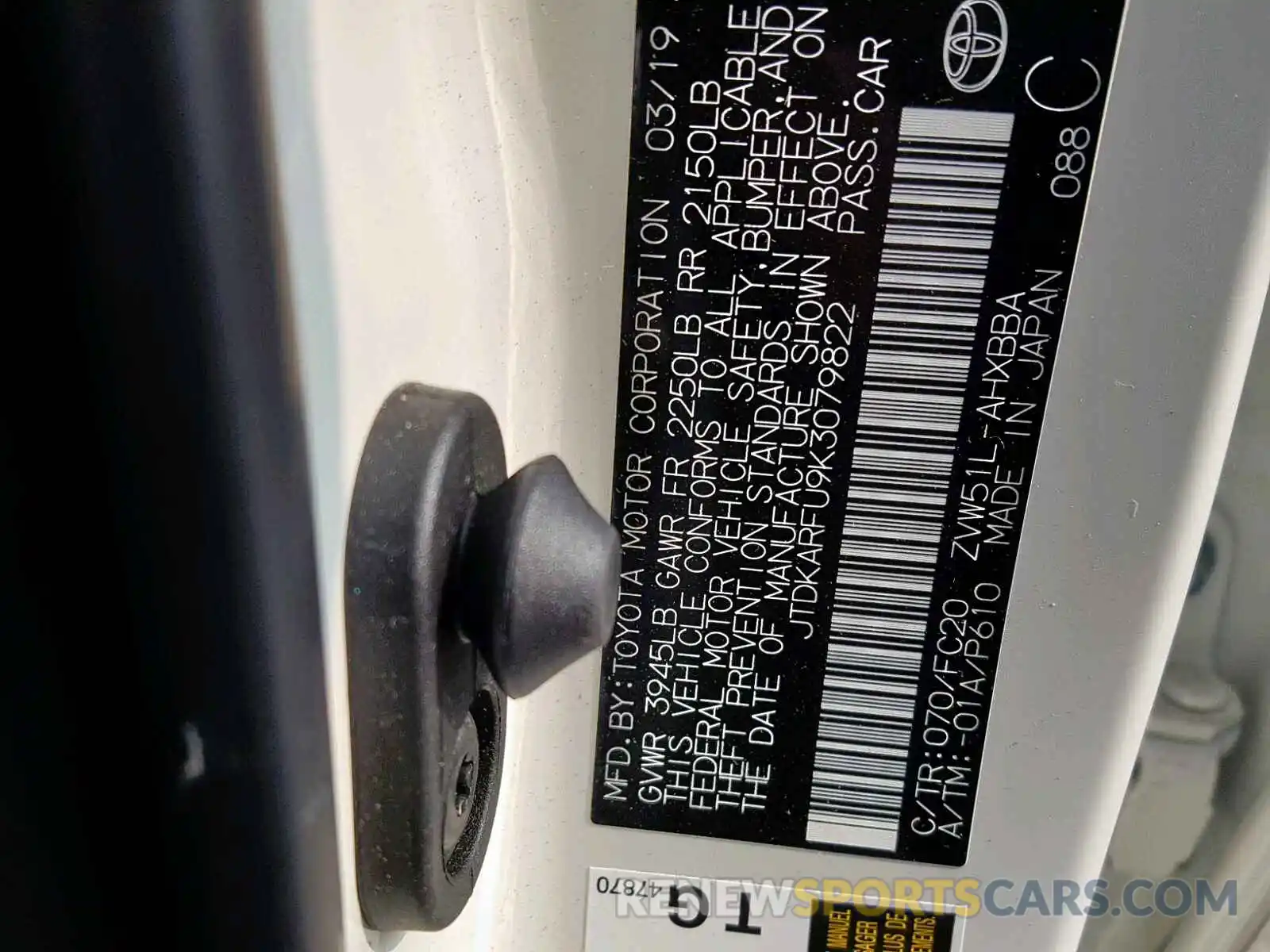 10 Photograph of a damaged car JTDKARFU9K3079822 TOYOTA PRIUS 2019