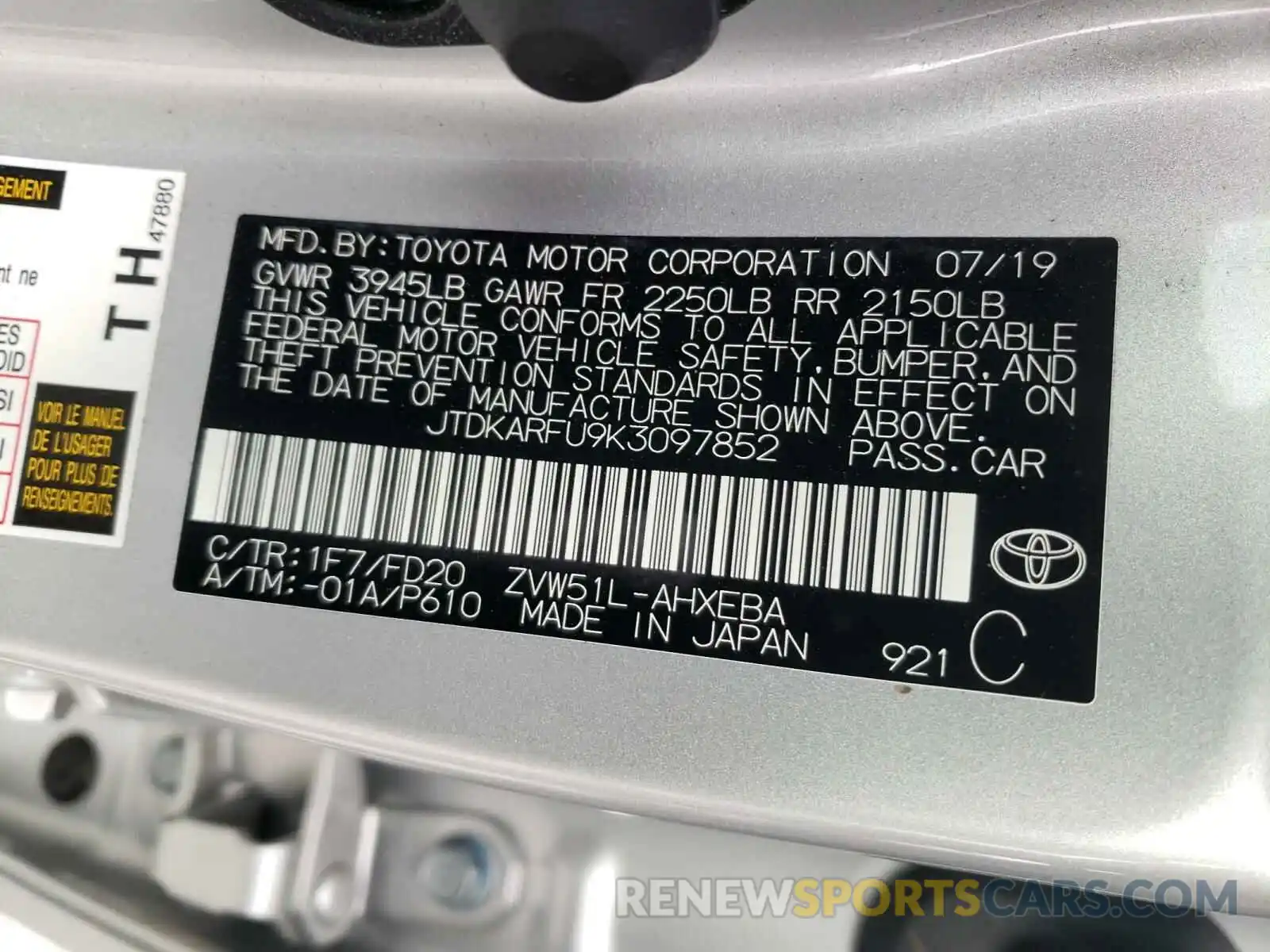 10 Фотография поврежденного автомобиля JTDKARFU9K3097852 TOYOTA PRIUS 2019