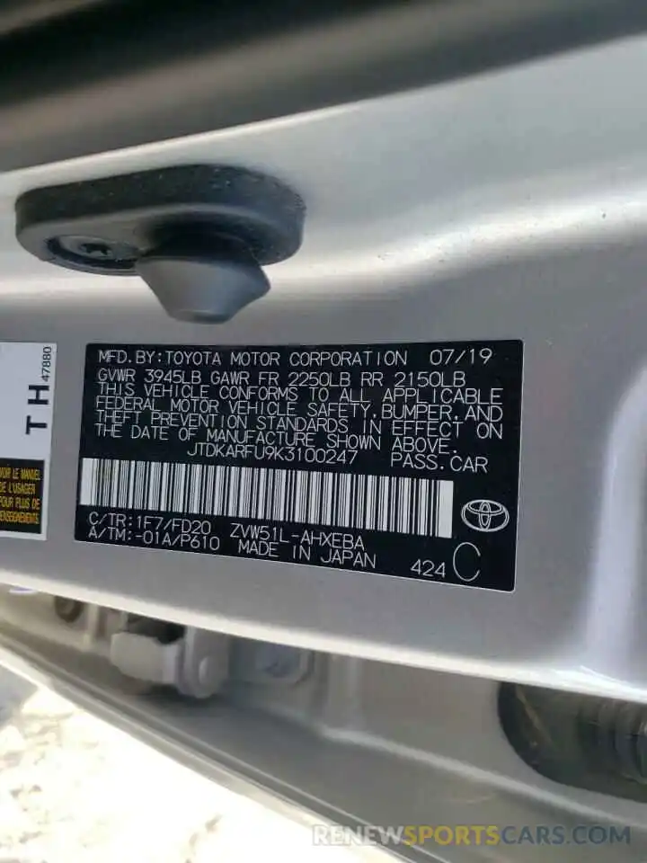 10 Photograph of a damaged car JTDKARFU9K3100247 TOYOTA PRIUS 2019